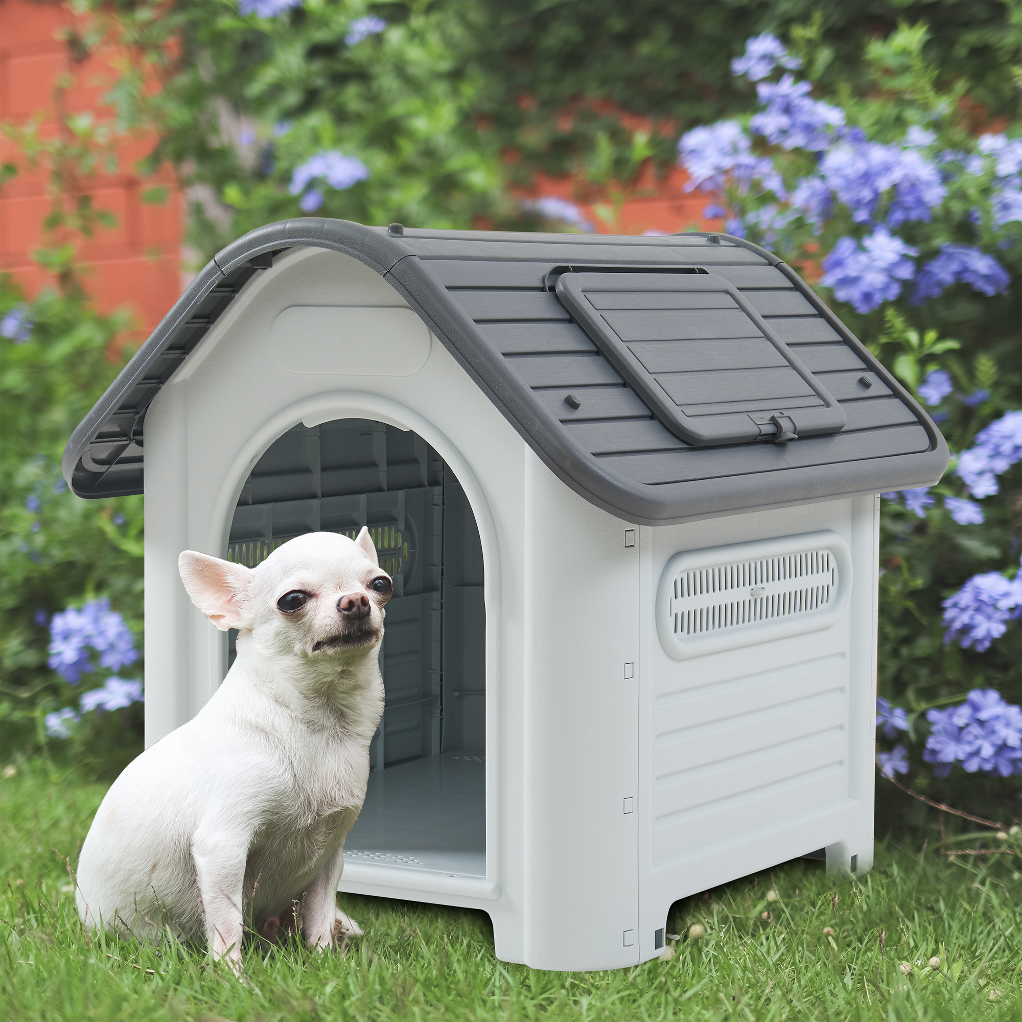 [En.Casa] Cuccia Per Cani Di Piccola E Media Taglia In Plastica Casetta Da Interno E Esterno Con Lucernario Prese D'aria Pavimento Rialzato 87 X 72 X 75 Cm - Bianco/Grigio-image