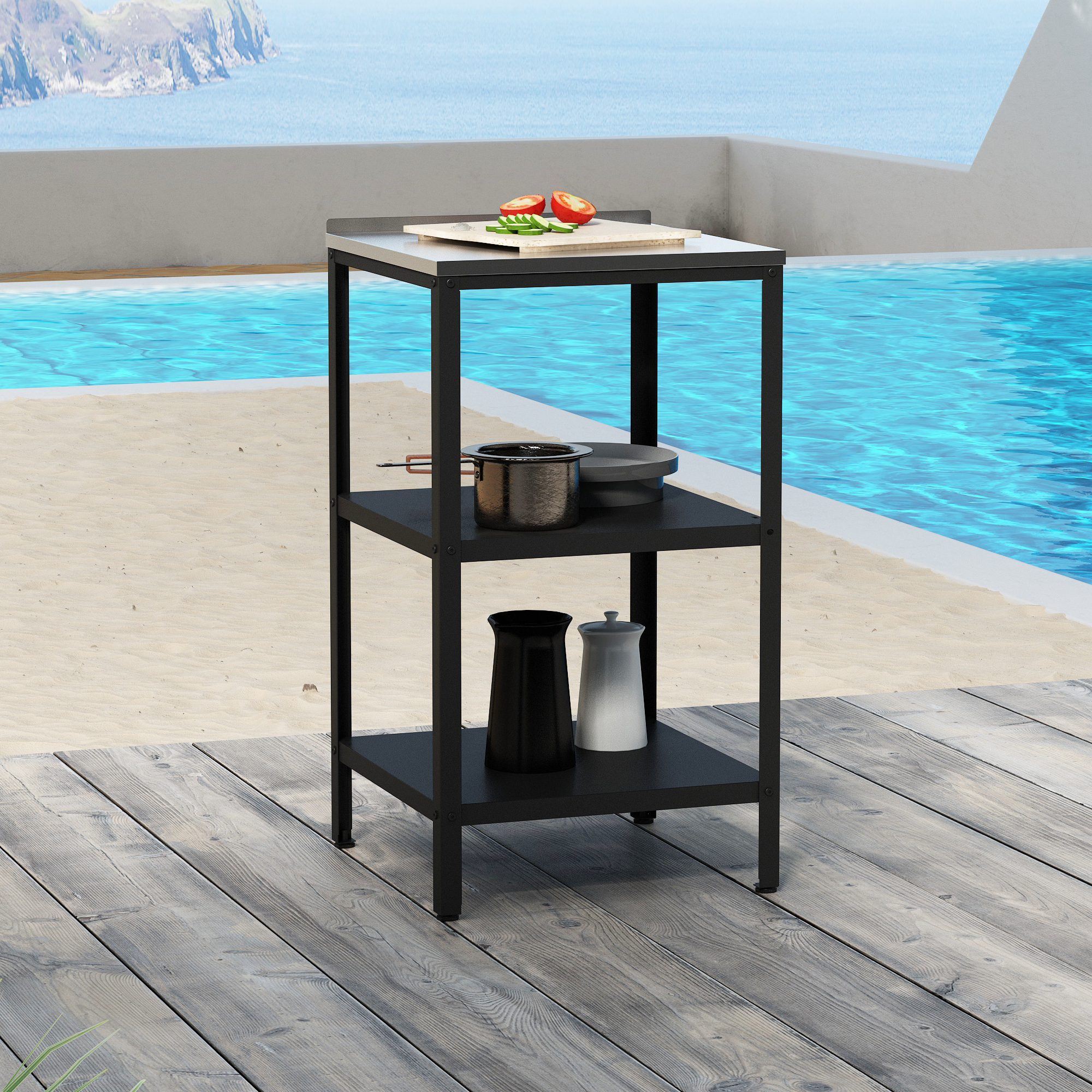 Bancone da Giardino Bolognano in Acciaio con Ripiani 92x50x50 cm Argentato / Nero opaco casa.pro