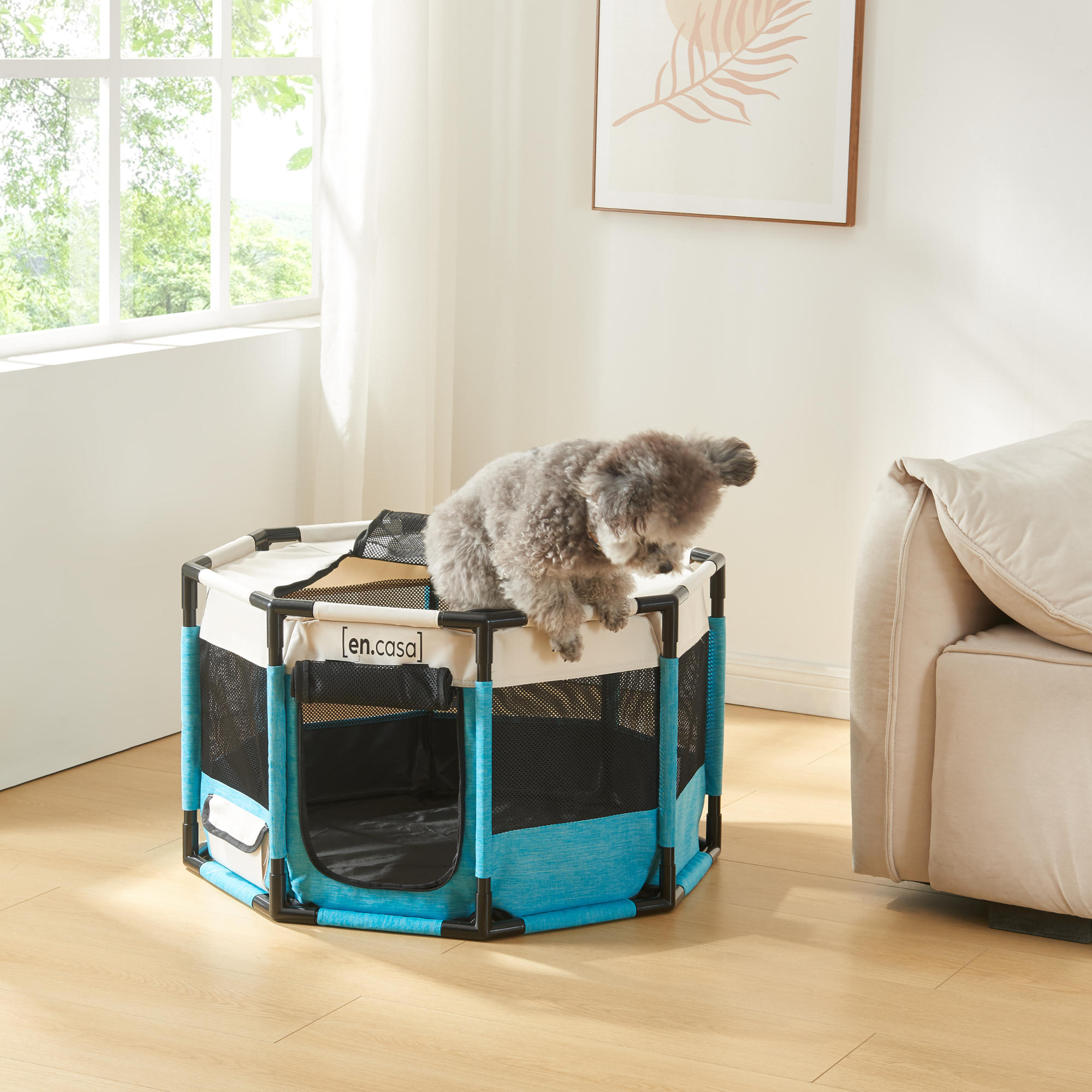 Kennel Nærøysund Rifugio Coperto per Cani e Gatti 112 x 112 x 62 cm Blu / Beige [en.casa]