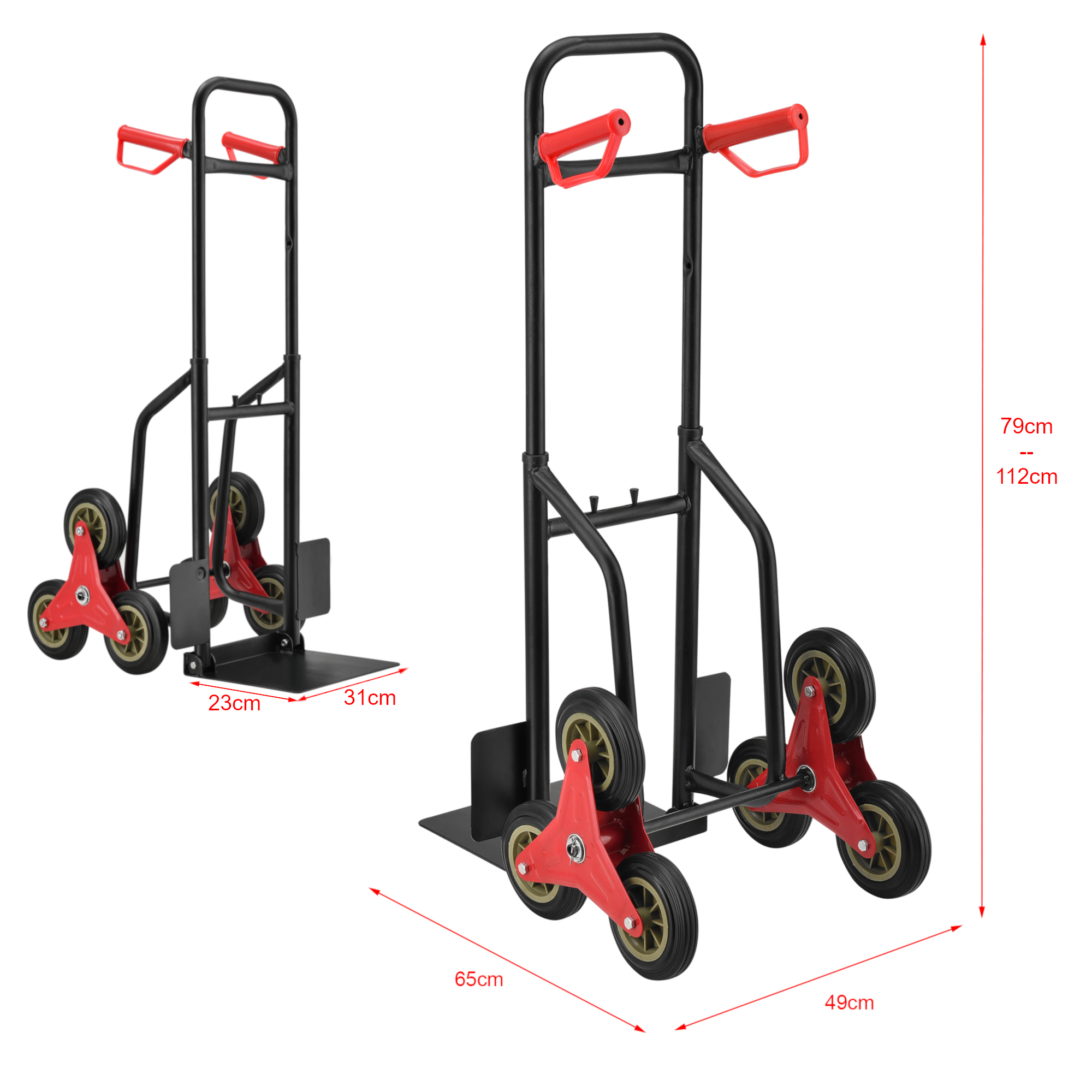 pro.tec Carro para Escaleras Carretilla de Mano 112 x 49 x 65 cm Carretilla de Carga Carrito de Transporte para equipajes Mudanza Capacidad de Carga hasta 150 kg Negro y Rojo