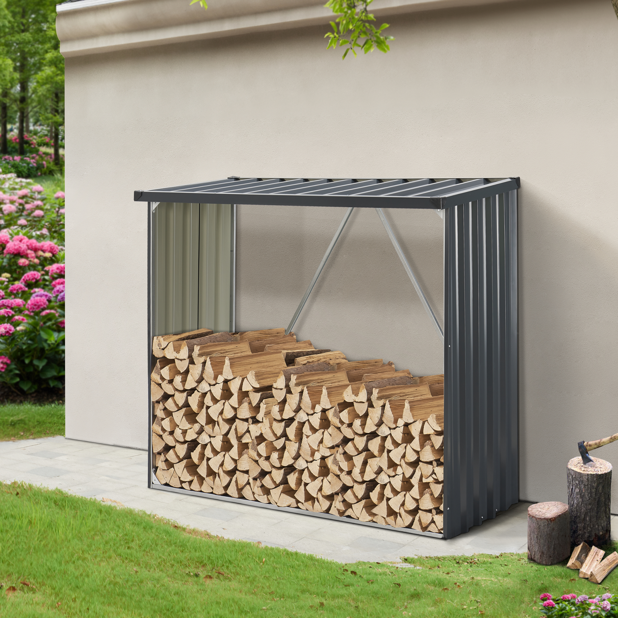 Legnaia Esterna Enno In Acciaio Zincato - Porta Legna Da Ardere, Color Antracite, Superficie Oltre 1 M²