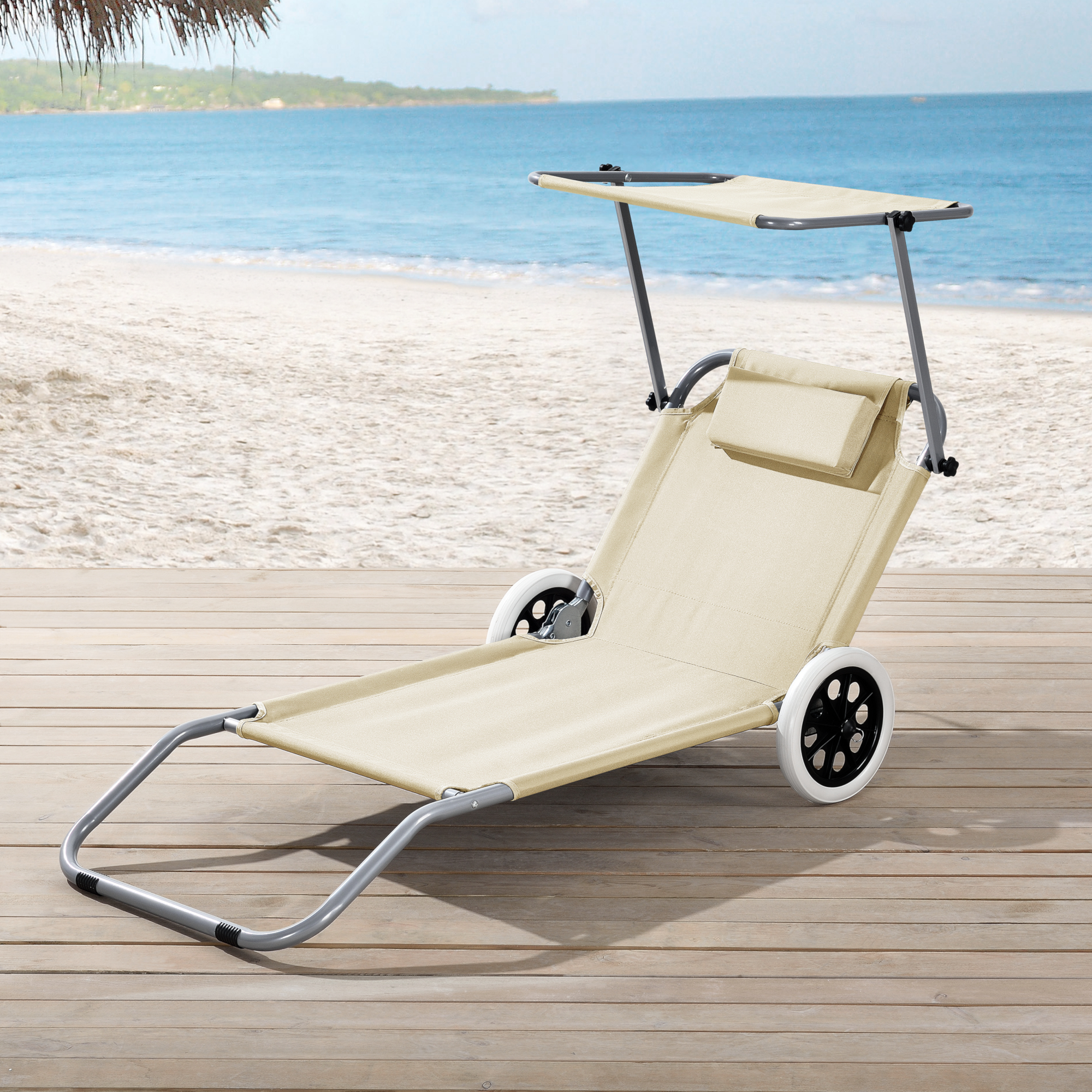 casa.pro /® Sonnenliege mit Sonnendach und Rollen Verstellbar Beige Gartenliege Strandliege Liegestuhl