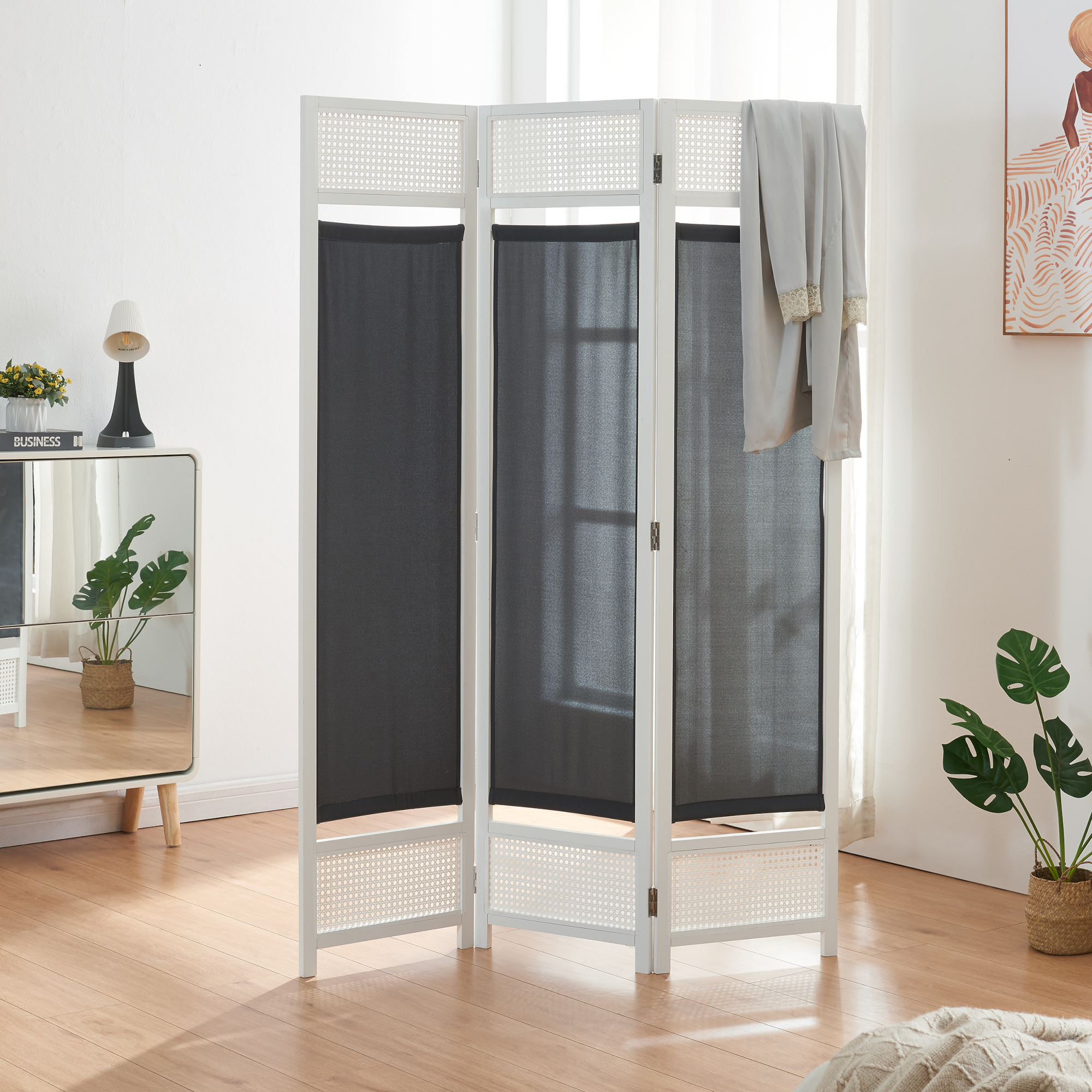 Paravento Pieghevole Dorotea per Interni Separè a 3 Pannelli 120 x 170 cm Bianco / Grigio Scuro [en.casa]
