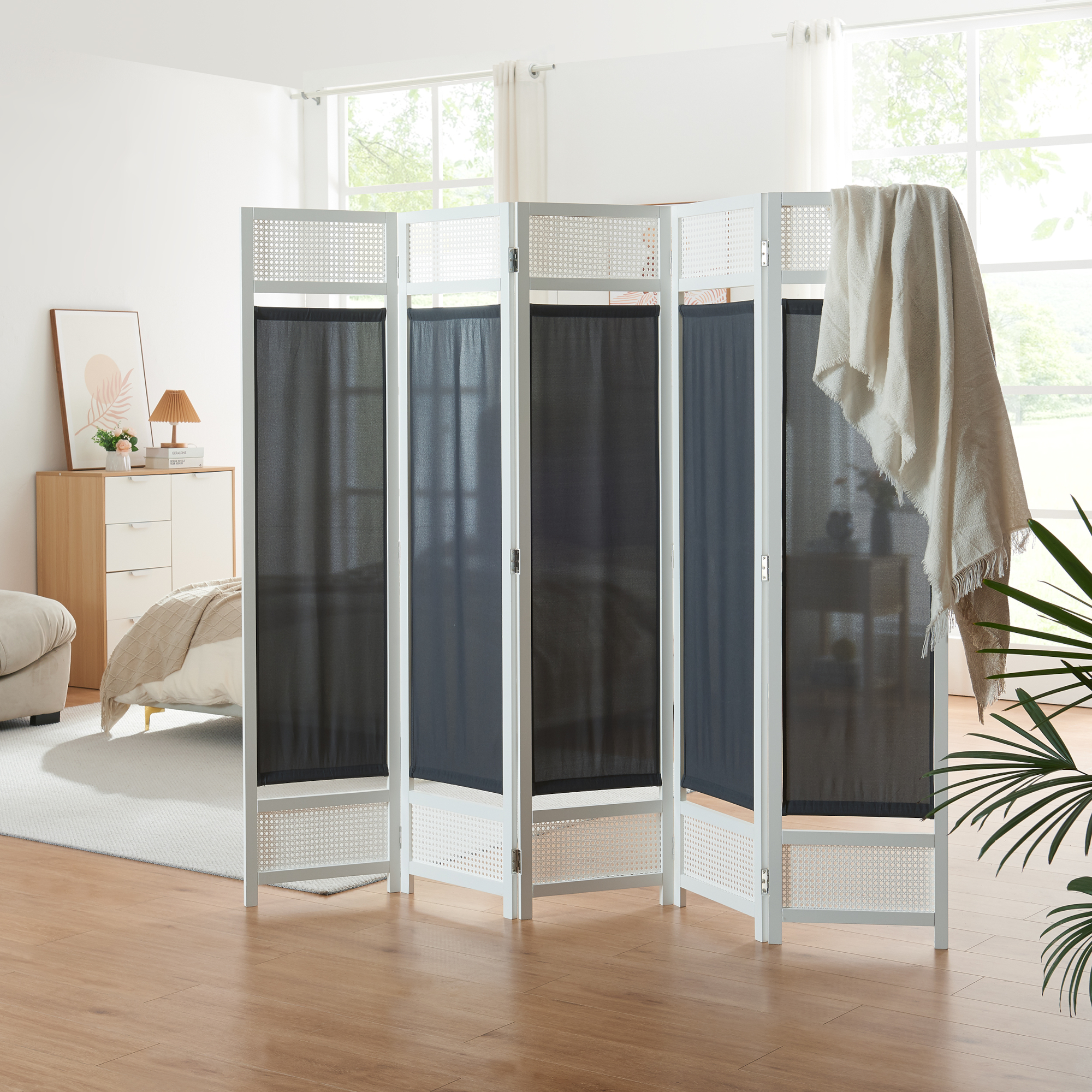 Paravento Pieghevole Dorotea per Interni Separè a 5 Pannelli 200 x 170 cm Bianco / Grigio Scuro [en.casa]