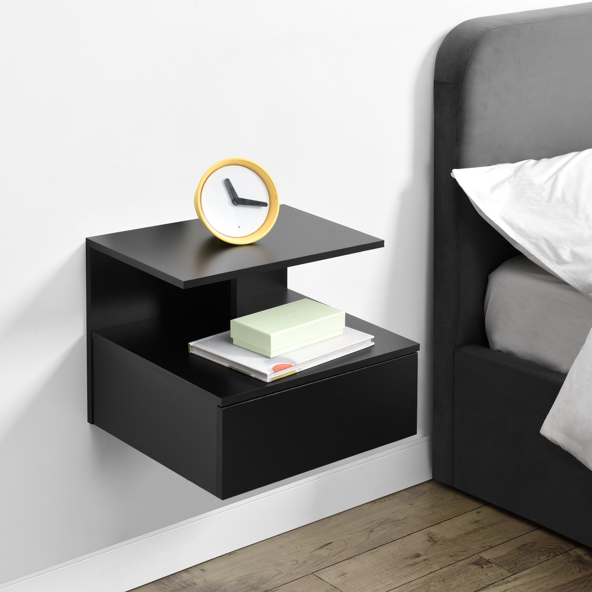 WallMounted Shelf with Drawer Floating Bedside Table Nightstand