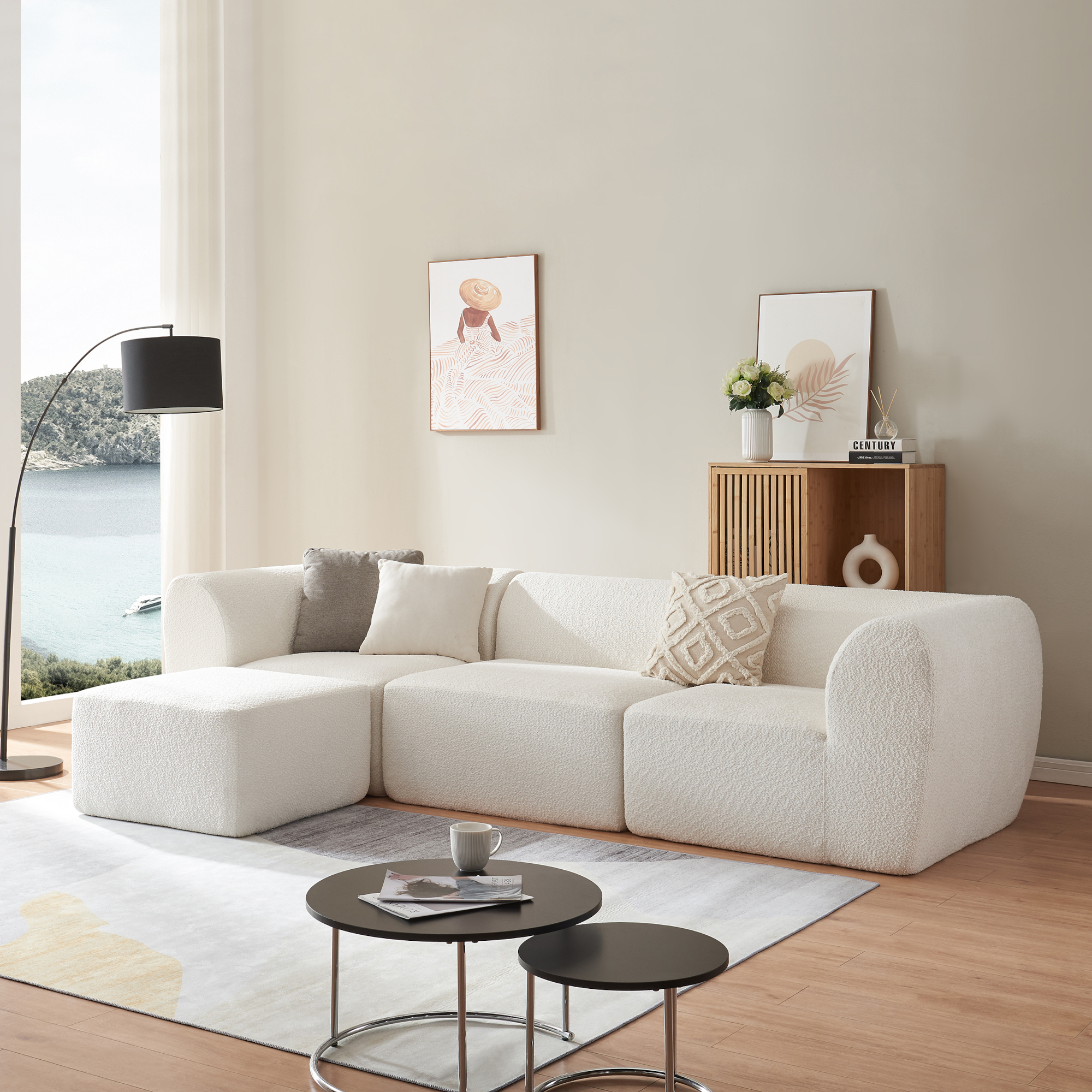 Image of Divano Componibile a 3 Posti Chaise Longue Divano Modulare 76x313x181 cm Serie Hurvas - Bianco Crema [en.casa]