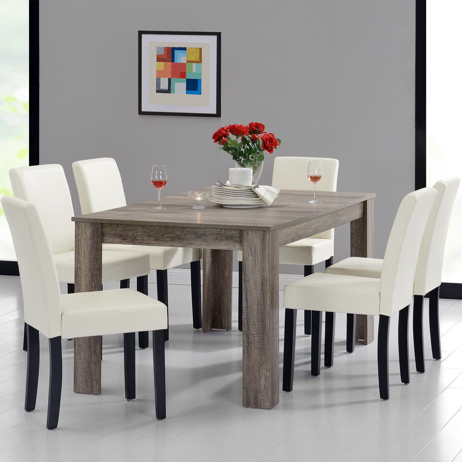 Détails Sur Encasa Table à Manger 160x90 Chêne Bois Antique 6 Chaises Crème Neuf