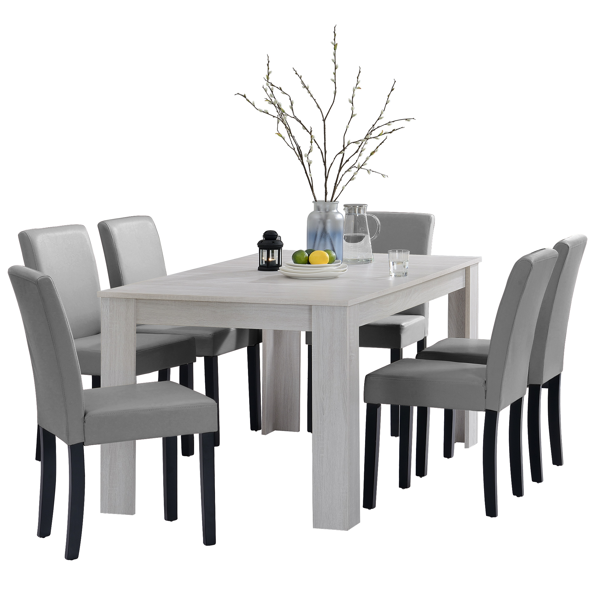 ESSTISCH 160x90 EICHE WEISS 6 STÜHLE Hellgrau ESSZIMMER