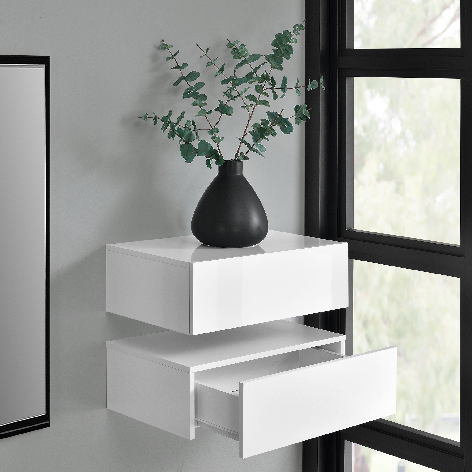 46x30x15cm /® 2 x Mensola da parete con cassetto en.casa Bianco laccato lucido//opaco