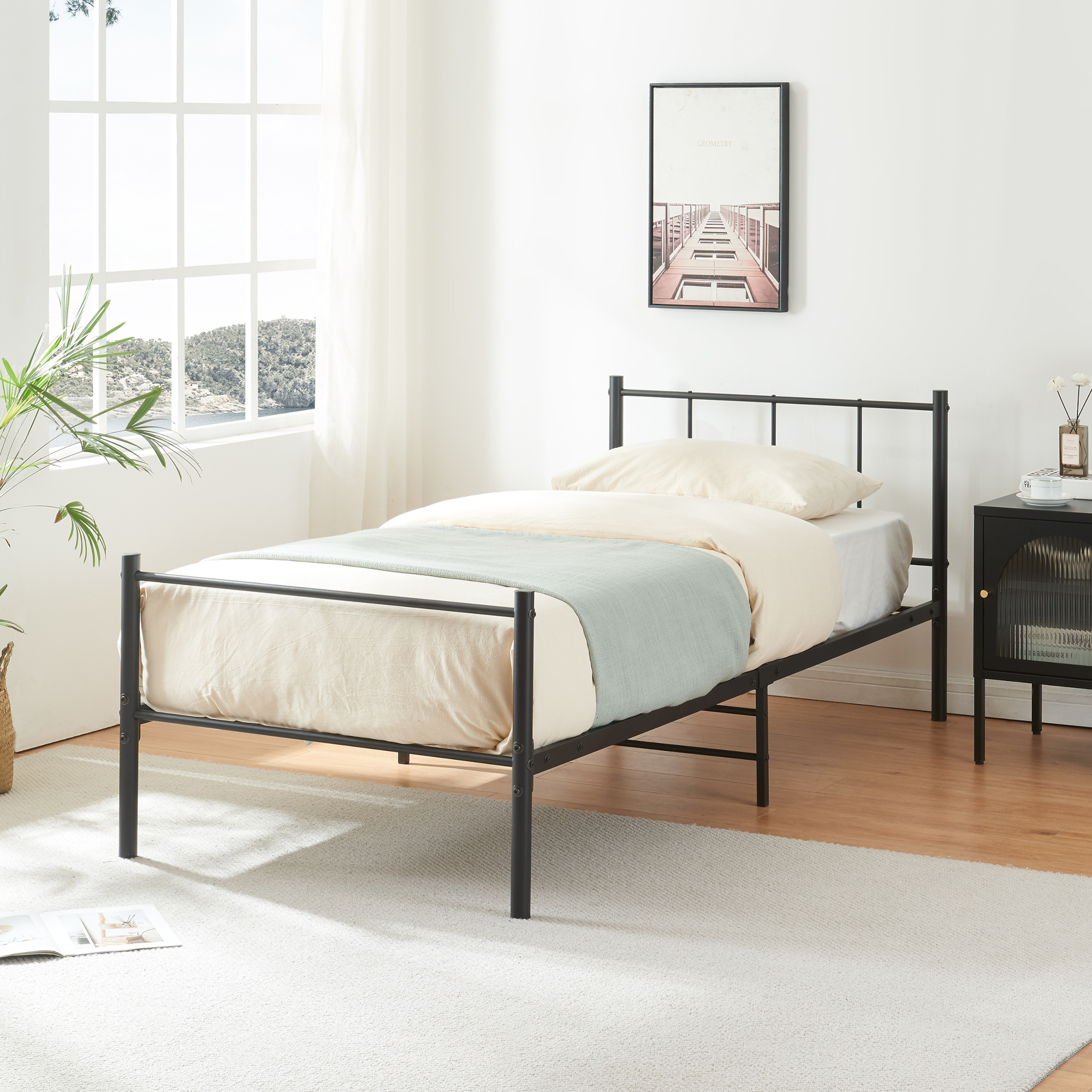 Letto Singolo Laos 90x200 cm con Testiera e Pediera - Acciaio Nero [en.casa]