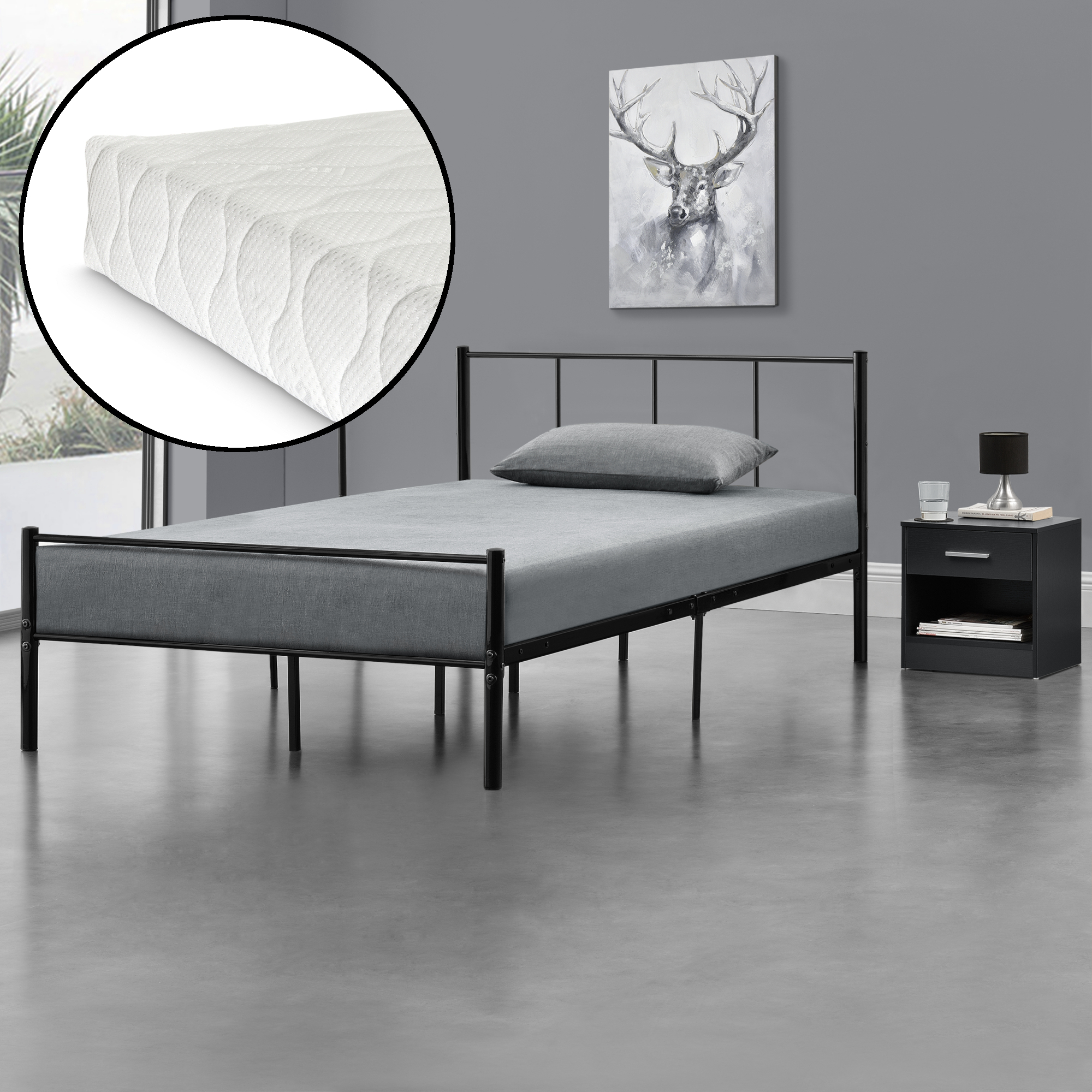 Letto 1 Piazza e Mezza Laos con Materasso 120x200 cm Letto in Acciaio con Testiera e Pediera - Nero [en.casa]