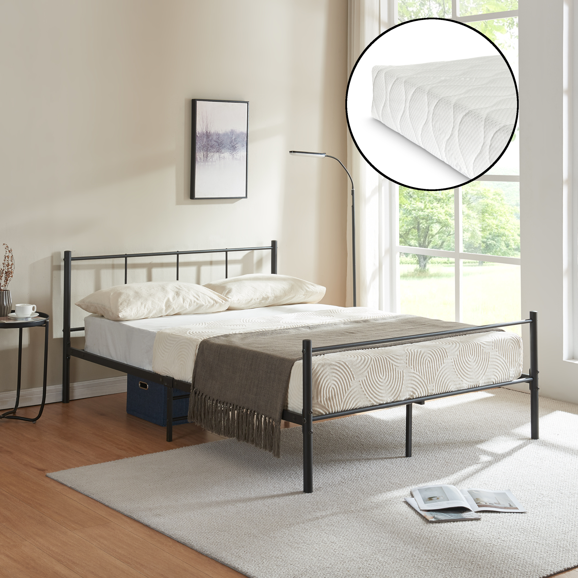 Letto Francese Laos con Materasso 140x200 cm Letto in Acciaio con Testiera e Pediera - Nero [en.casa]
