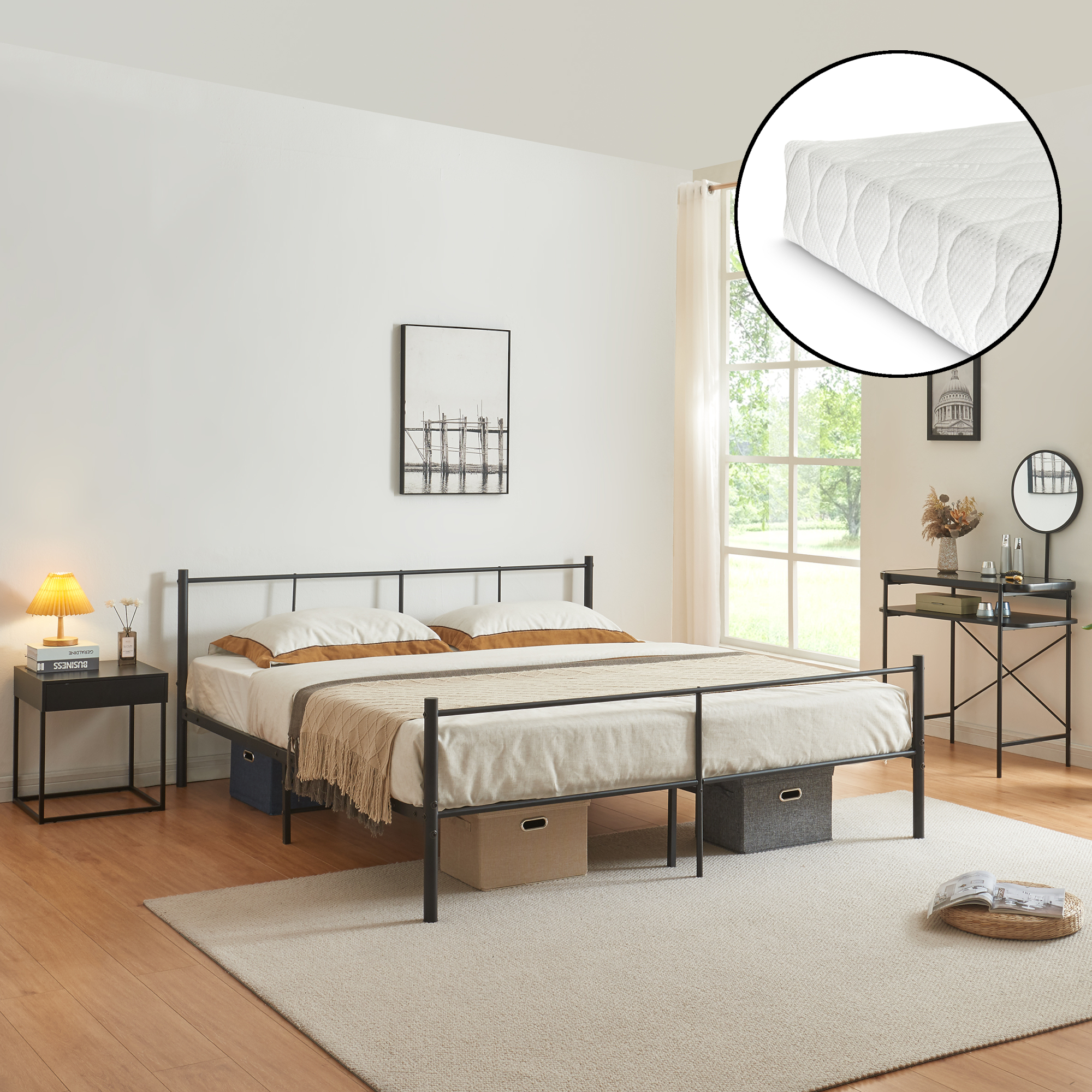 Letto Matrimoniale Laos con Materasso 160x200 cm Letto in Acciaio con Testiera e Pediera - Nero [en.casa]