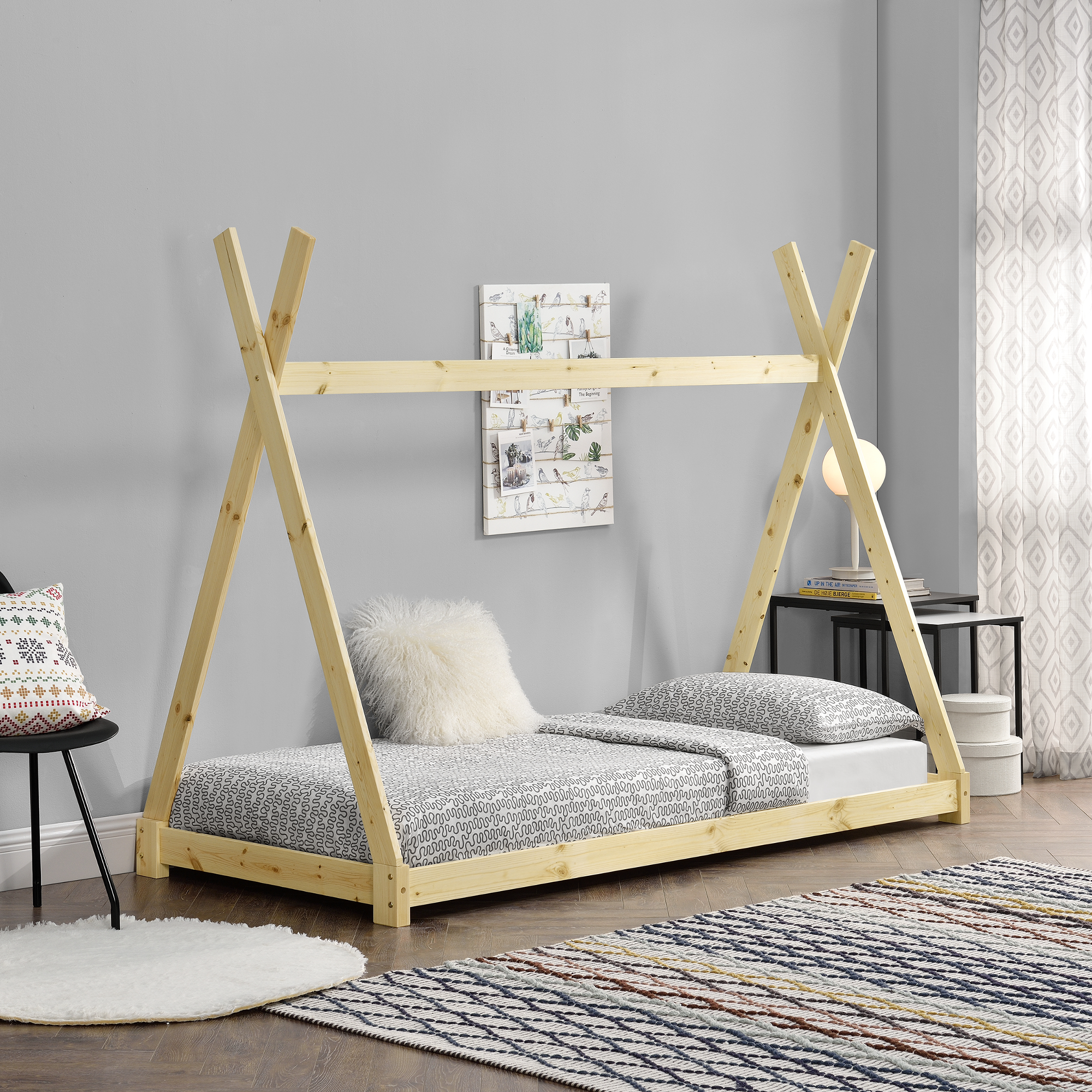 En Casa Lit De Tipi Pour Enfant Naturel Avec Sommier A Lattes Bois 200x90cm Ebay