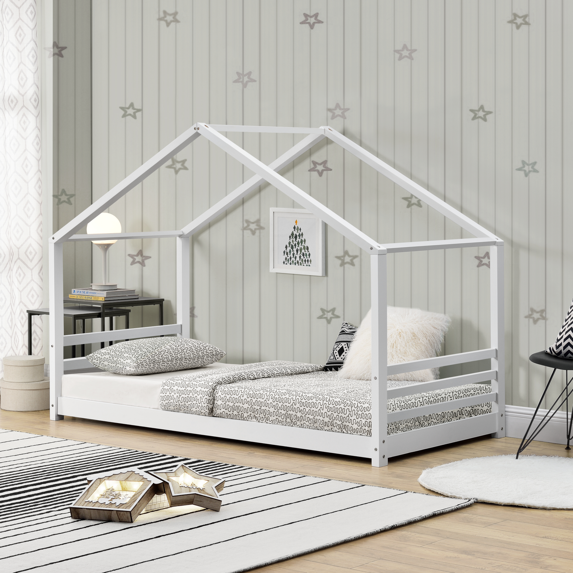 Kinderbett mit Rausfallschutz 90x200cm Haus Holz Weiß Bettenhaus Hausbett Bett 