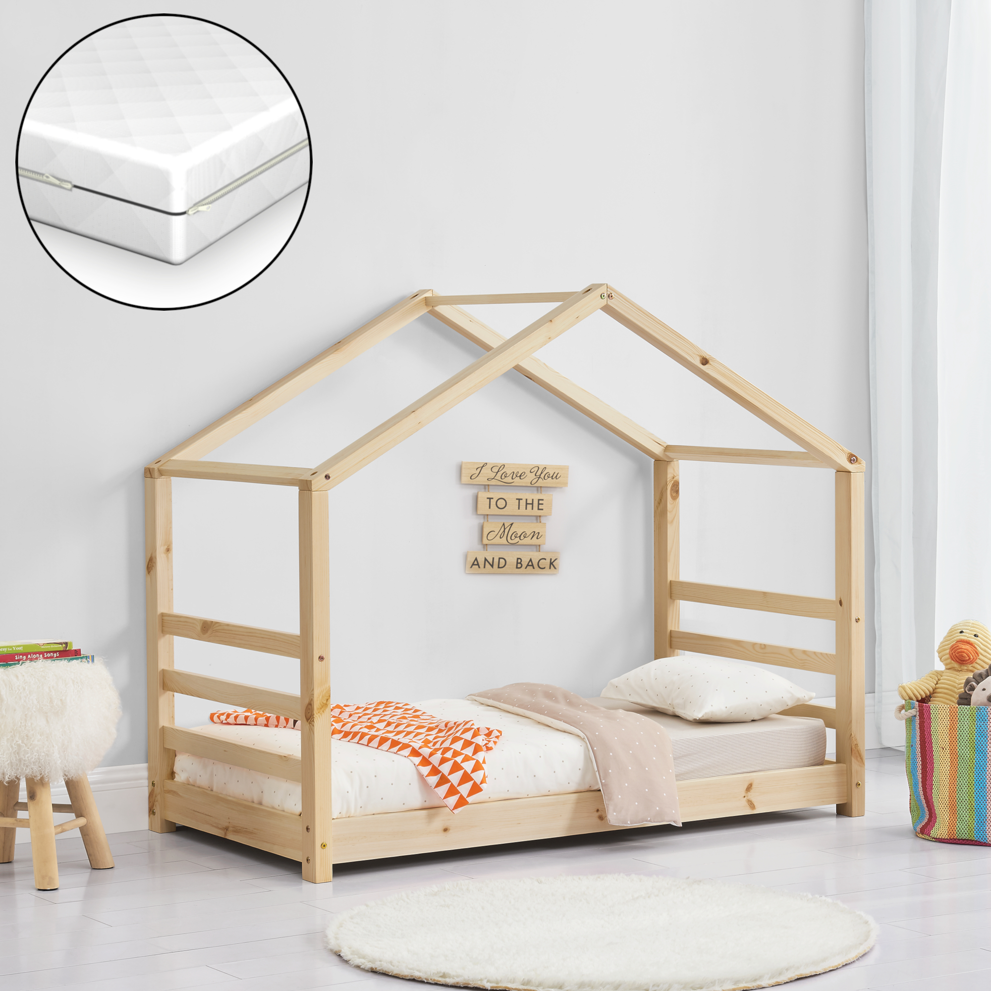 Letto a Casetta per Cameretta Vardø con Materasso 80x160 cm Legno Naturale [en.casa]