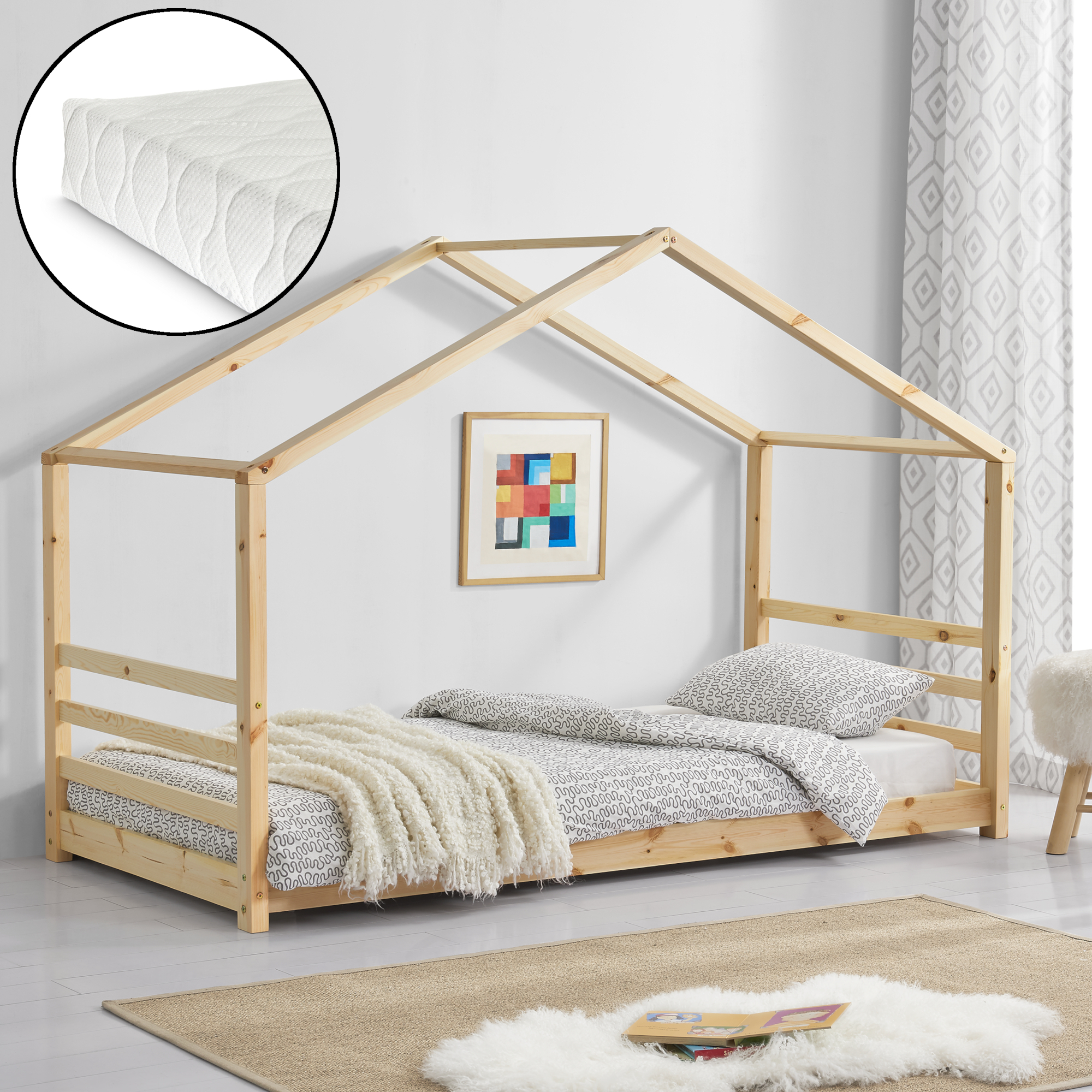 Letto a Casetta per Cameretta Vardø con Materasso 90x200 cm Legno Naturale [en.casa]