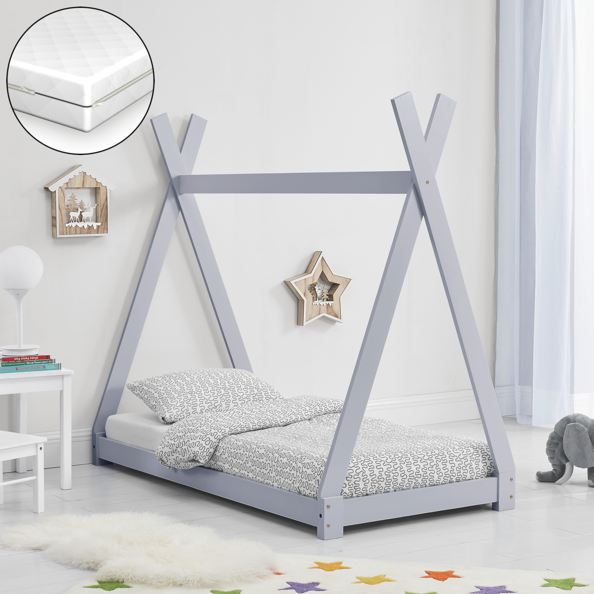 Image of [en.casa] Letto per Bambino a Forma di Tenda Indiana con Materasso a Schiuma Frossoda Anallergico Lettino Tipi in Legno di