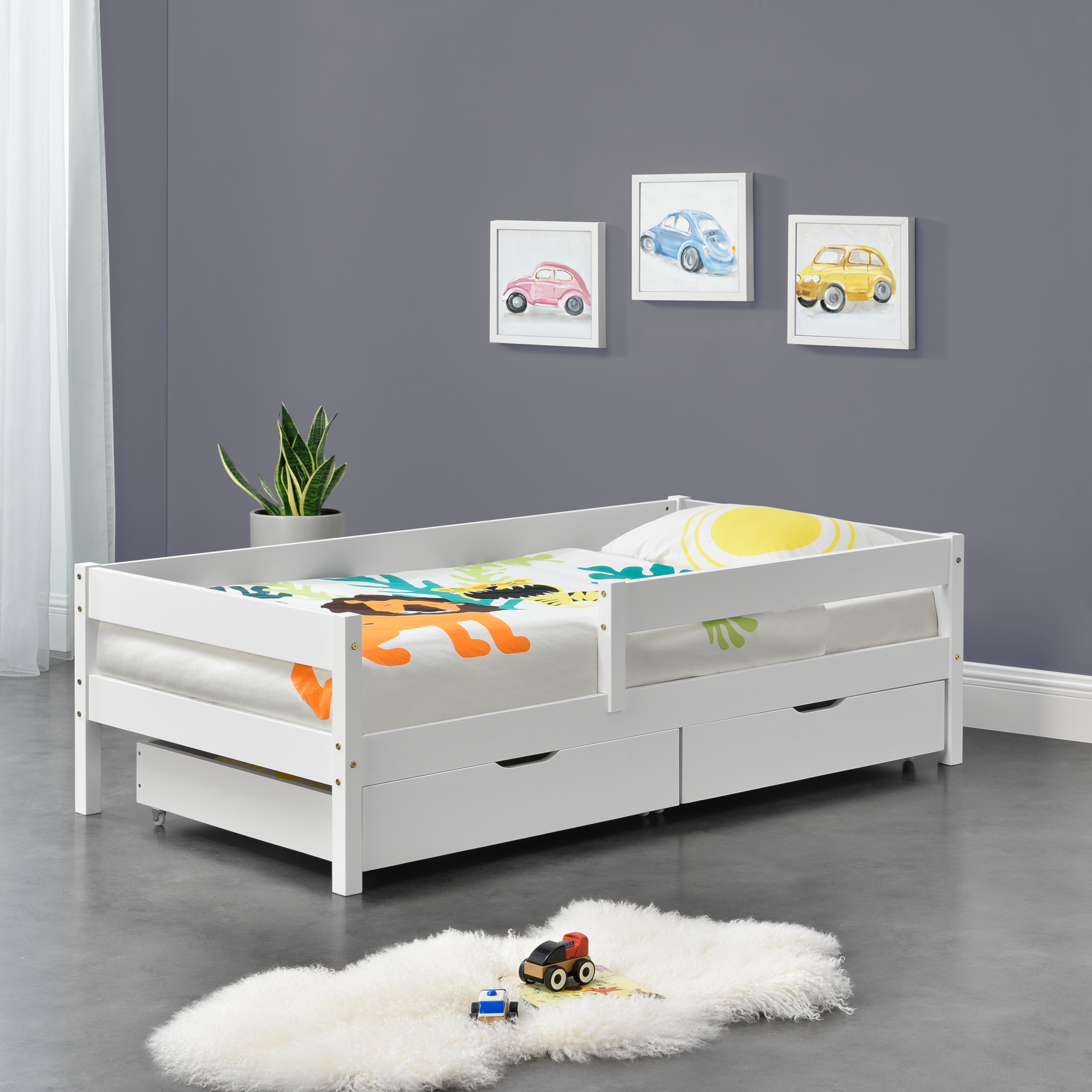Letto per Bambino / Ragazzi / Gioventú con 2 Cassetti 90x200 cm Lettino in Legno di Pino con Barriere di Protezione -