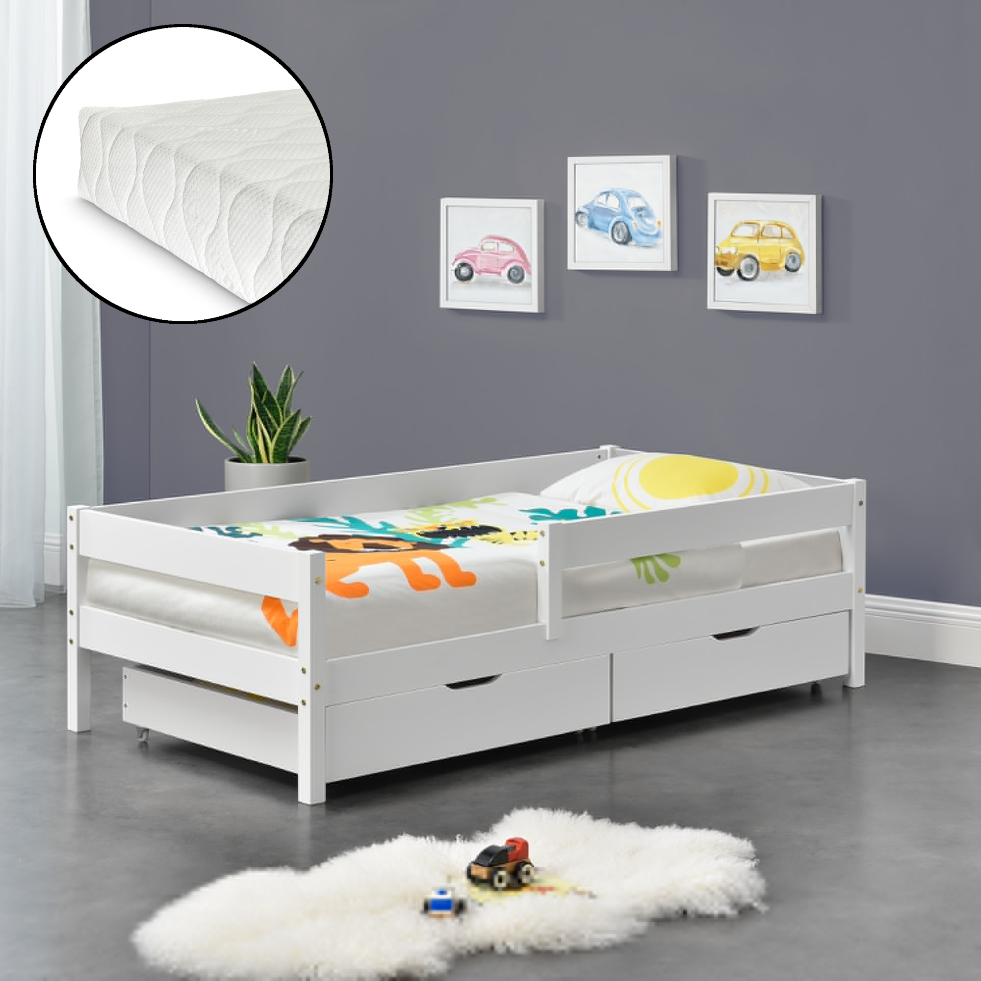 Letto per Bambino/Gioventú con 2 Cassetti Portabiancherie e Materasso Ipoallergenico a Schiuma Fredda 90x200 cm Lettino