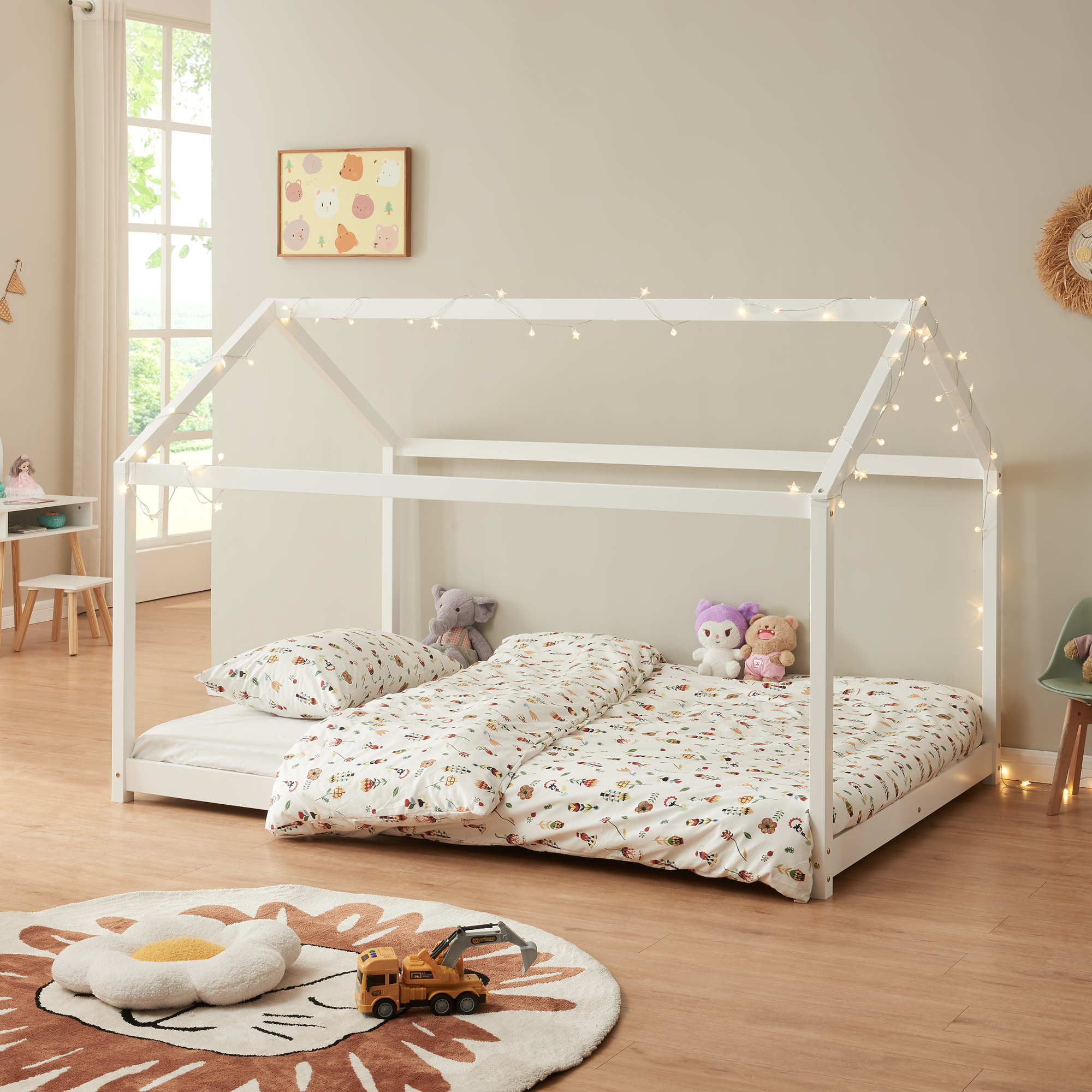 Letto per Cameretta 'Cerro' a Forma di Casetta 120 x 200 cm Legno di Pino Bianco [en.casa]