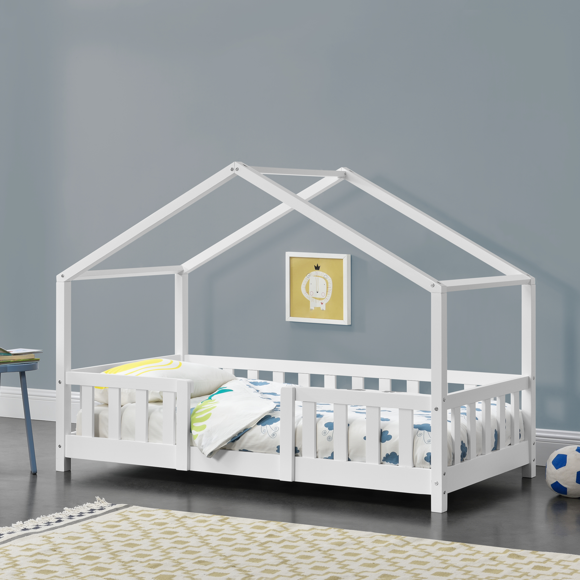 Kinderbett mit Rausfallschutz 70x140cm Haus Holz Weiß Bettenhaus Hausbett Bett | eBay