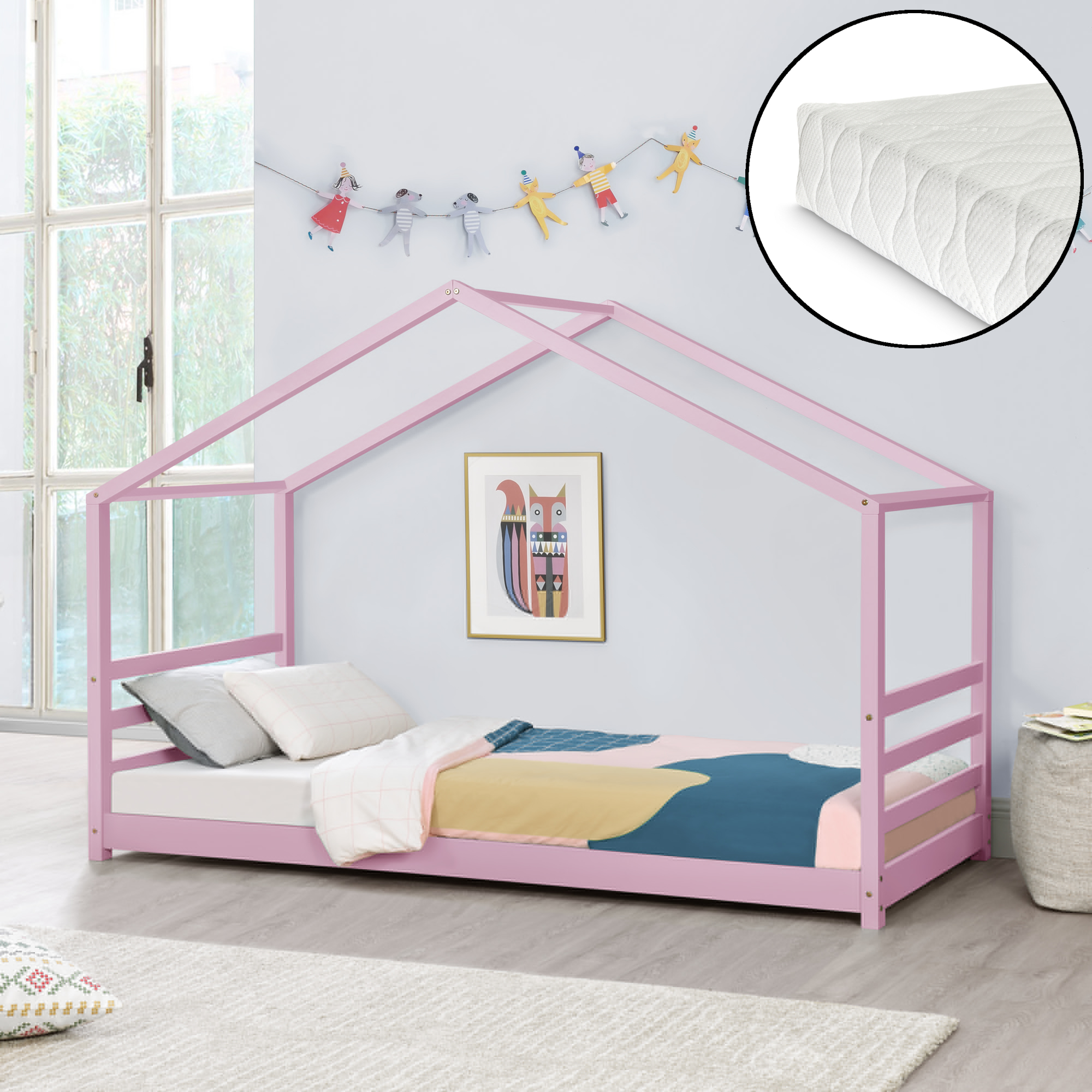 Letto a Casetta per Cameretta Vardø con Materasso 90x200 cm Rosa [en.casa]