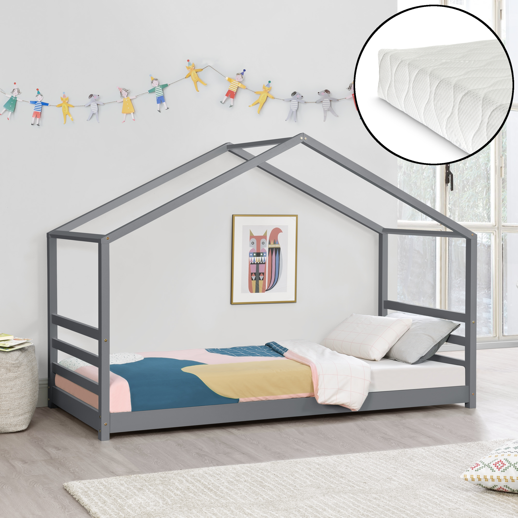 Letto a Casetta per Cameretta Vardø con Materasso 90x200 cm Grigio Scuro [en.casa]