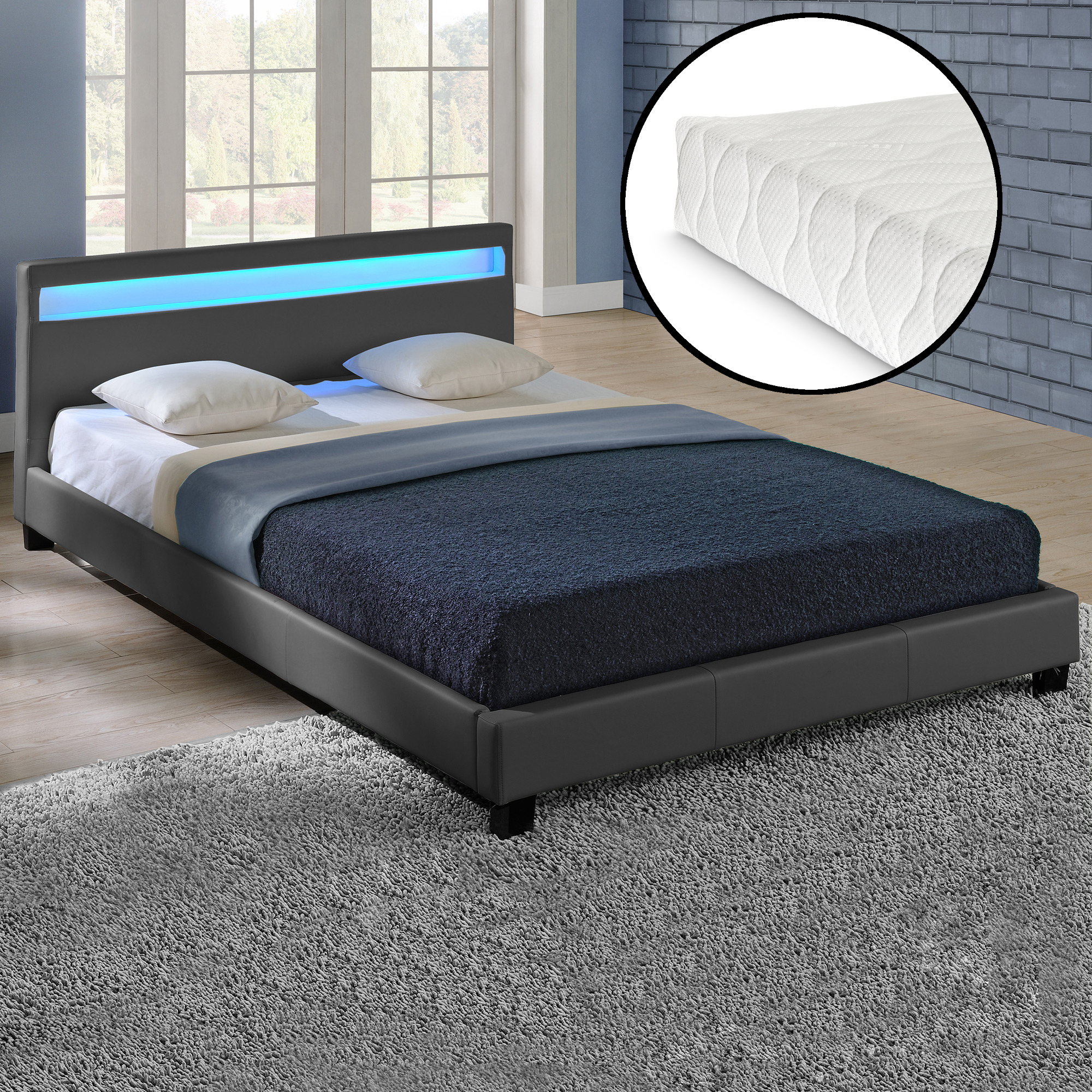 CORIUM LED Polsterbett Matratze 140x200cm Dunkelgrau Kunst Leder Doppel Bett