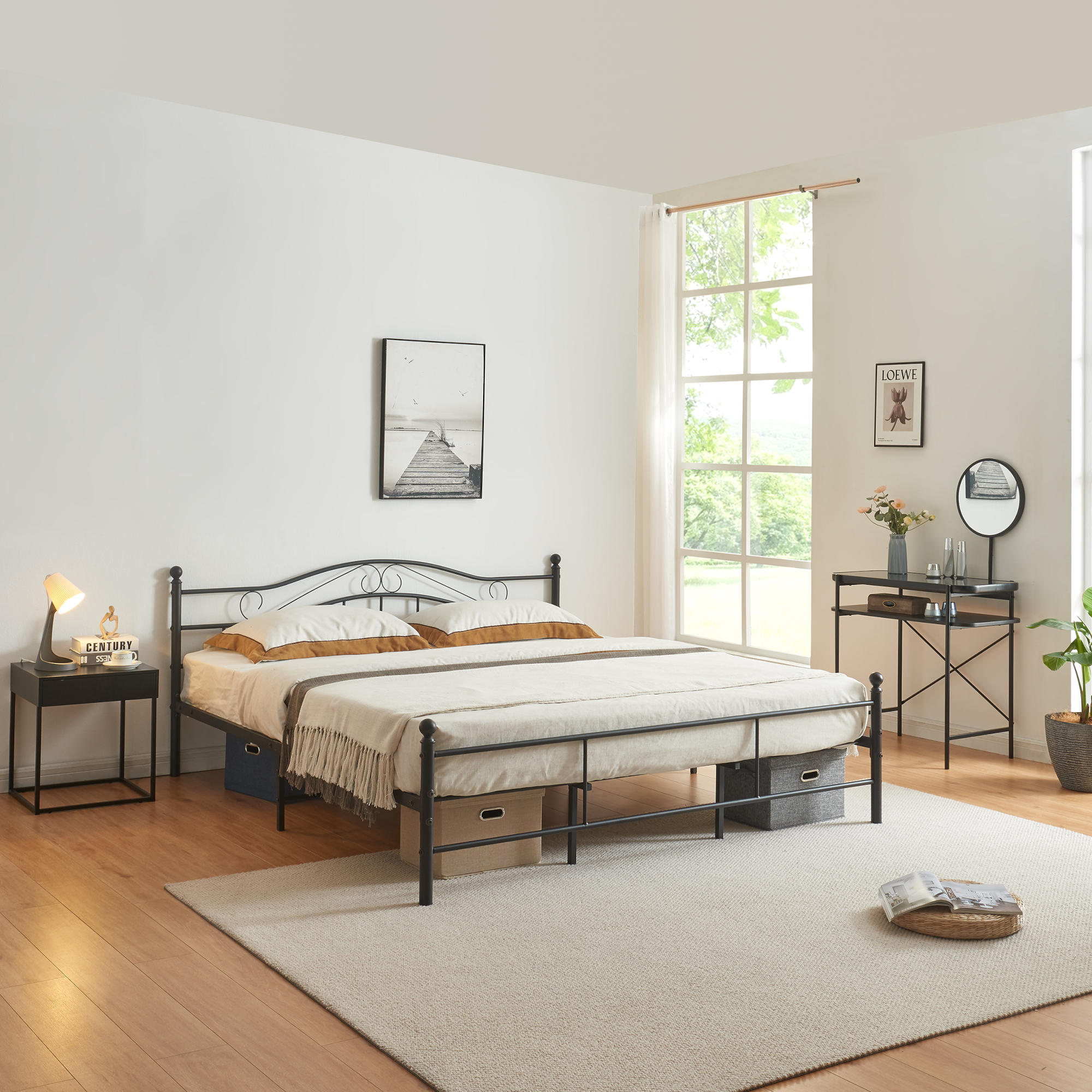Image of Letto Doppio Florenz in Acciaio con Testiera Alta Decorativa 180 x 200 cm Nero [en.casa]