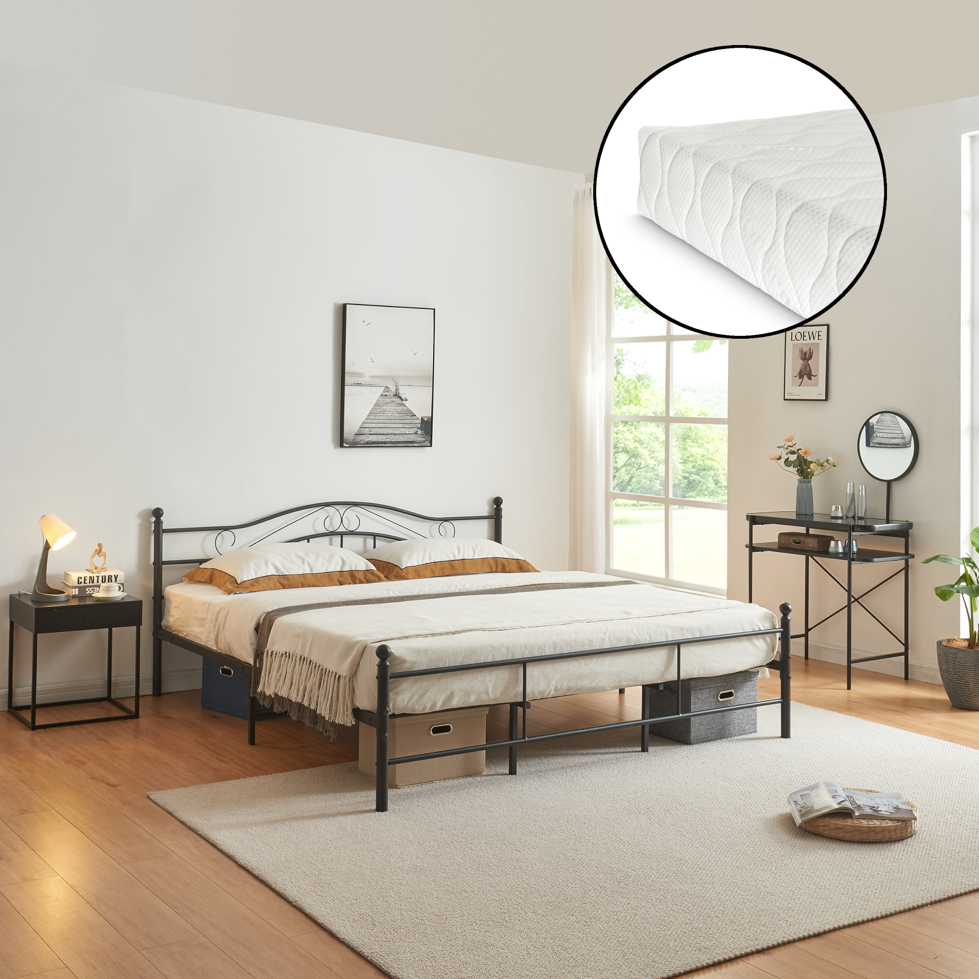 Image of Letto Doppio Florenz in Acciaio con Testiera Decorativa e Materasso 180 x 200 cm Nero [en.casa]