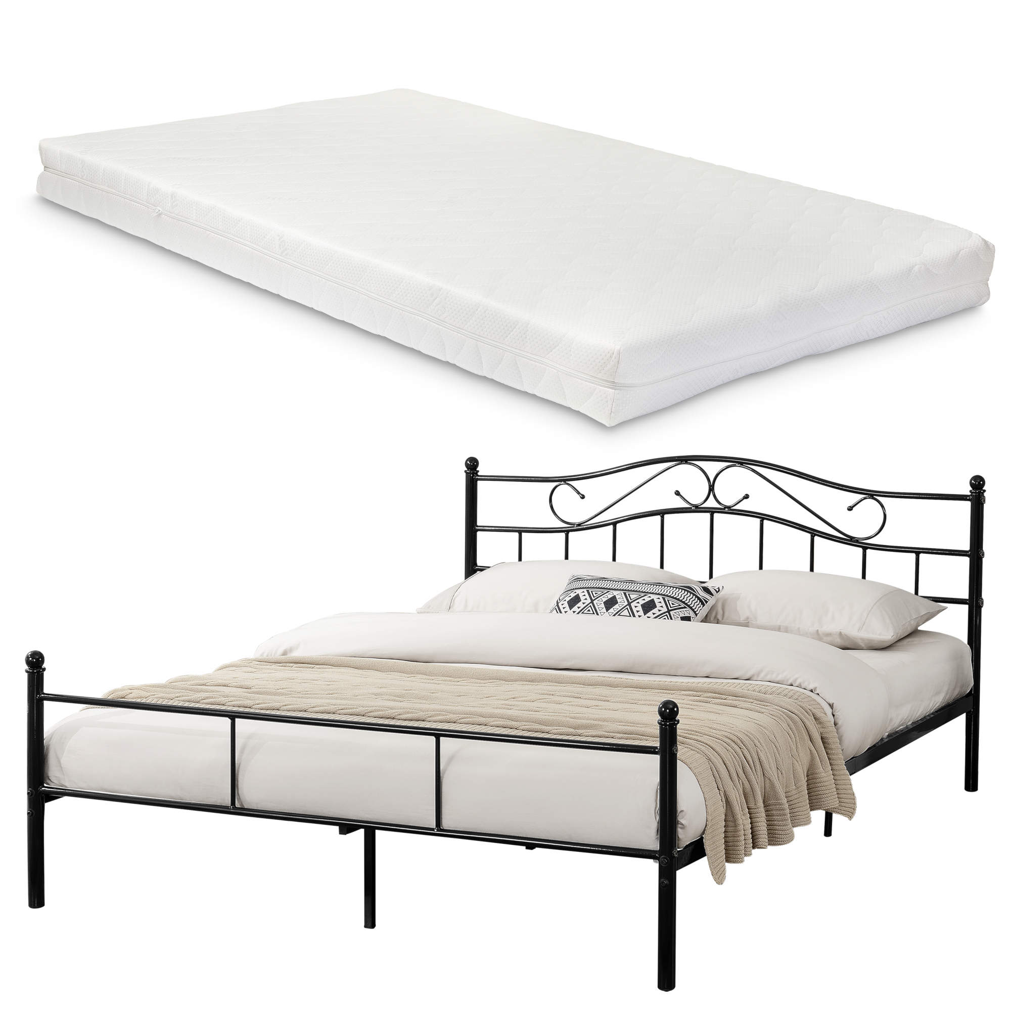 [ensa] Metallbett Mit Matratze 140x200cm Schwarz Bett Bettgestell Doppelbett