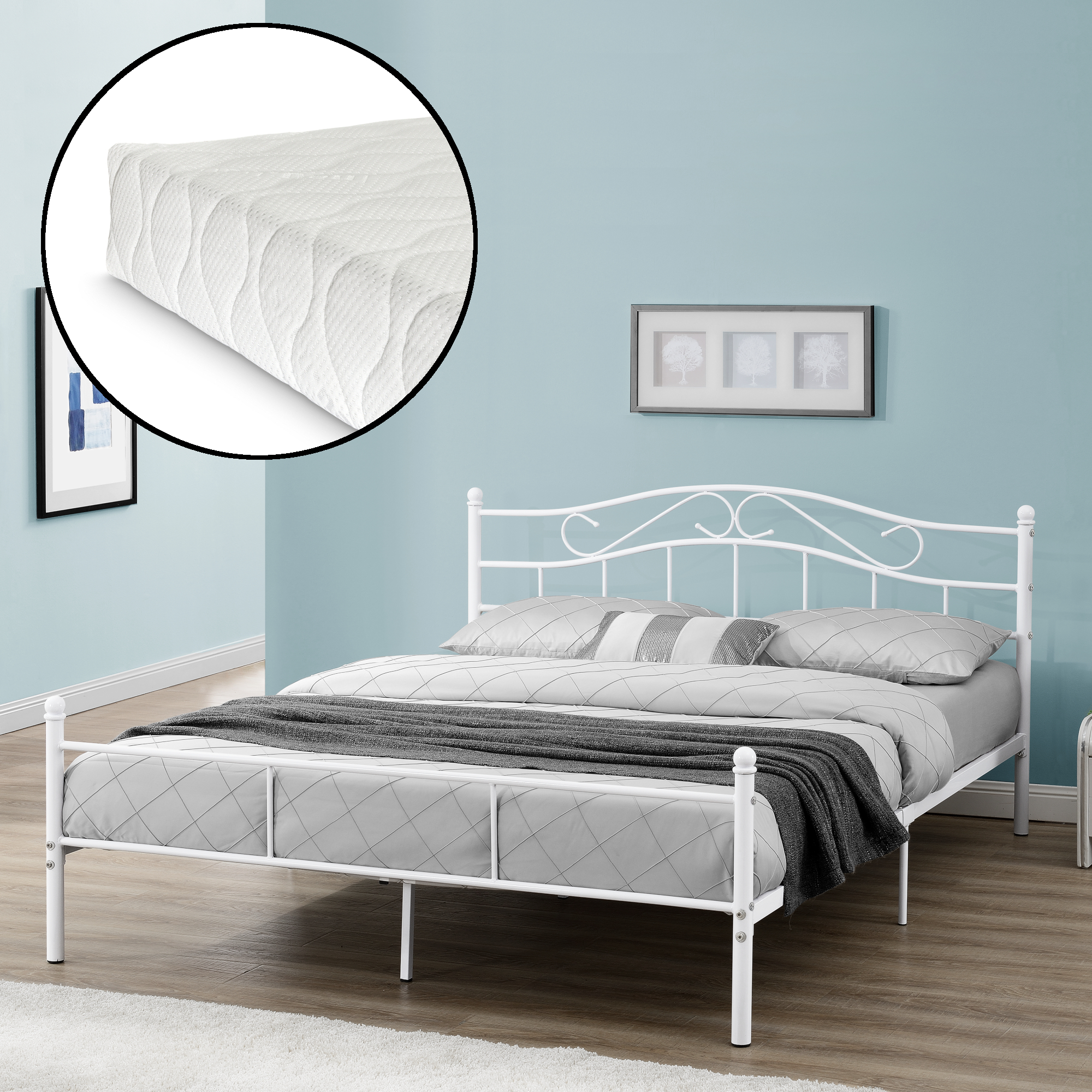 Image of Letto Doppio Florenz in Acciaio con Testiera Decorativa e Materasso 180 x 200 cm Bianco [en.casa]