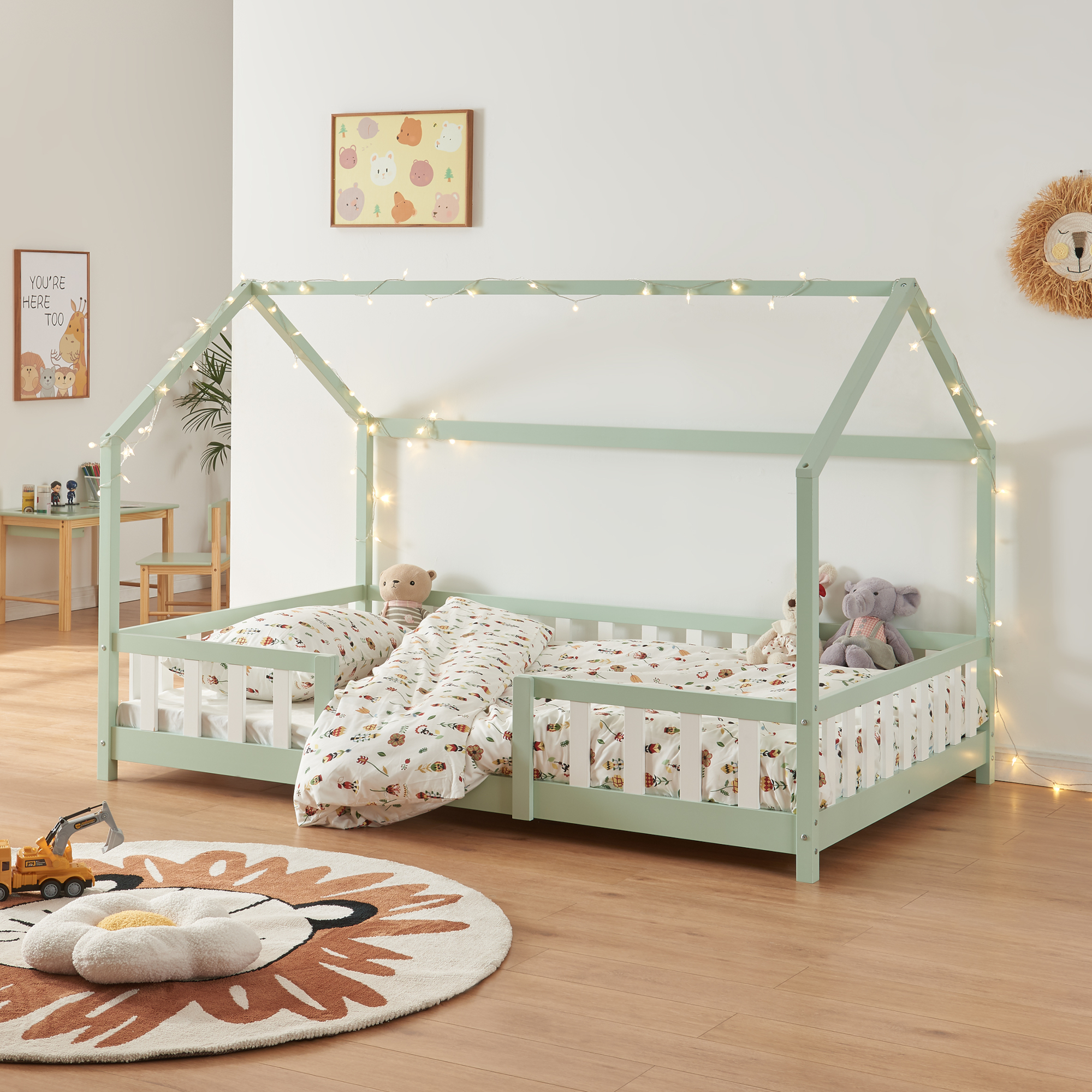 Letto per Cameretta Sisimiut a Forma di Casetta 140x200 cm Verde / Bianco [en.casa]