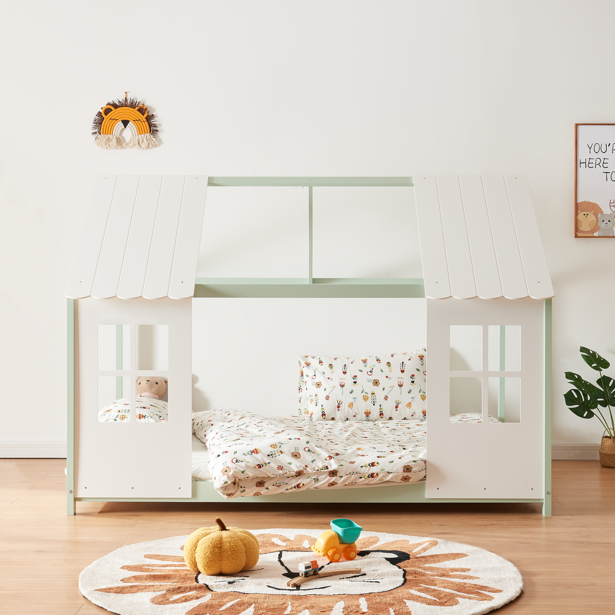 [En.Casa] Letto Per Cameretta A Forma Di Casetta Semiaperta Con Finestra E Tettuccio Letto 1 Piazza E Mezza Per Bambini Struttura In Legno Di Pino 120 X 200 Cm Menta Verde/Bianco-image
