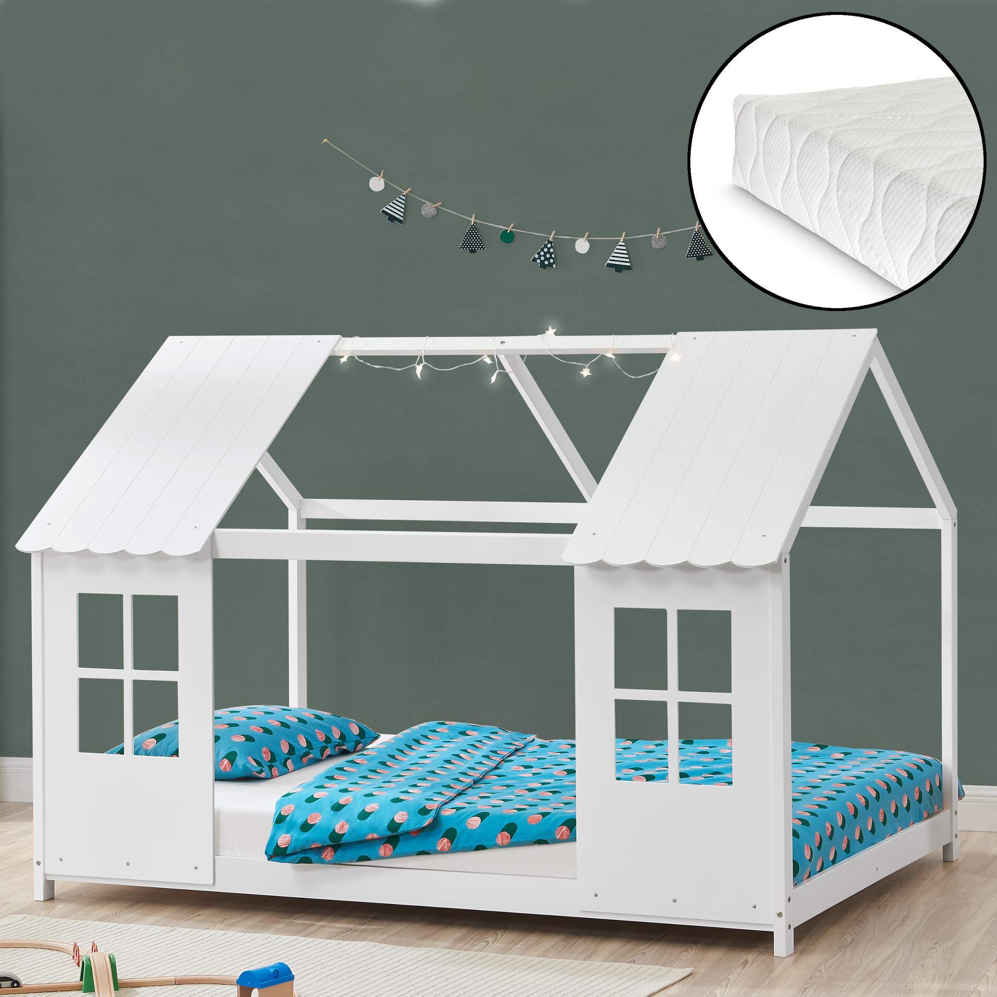 Letto Tostedt per Cameretta a Forma di Casetta con Materasso 90 x 200 Bianco [en.casa]