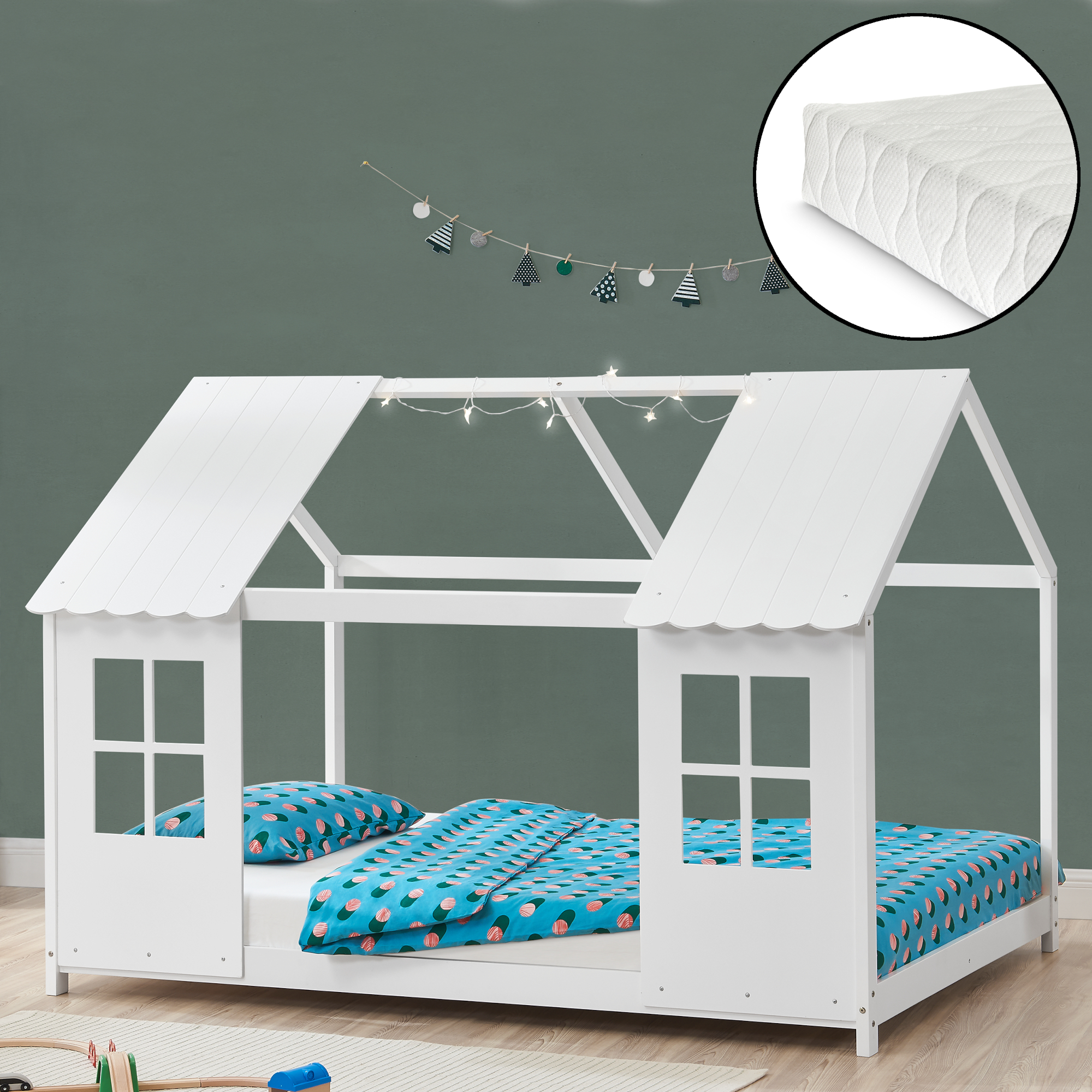 Letto Tostedt per Cameretta a Forma di Casetta con Materasso 120 x 200 Bianco [en.casa]