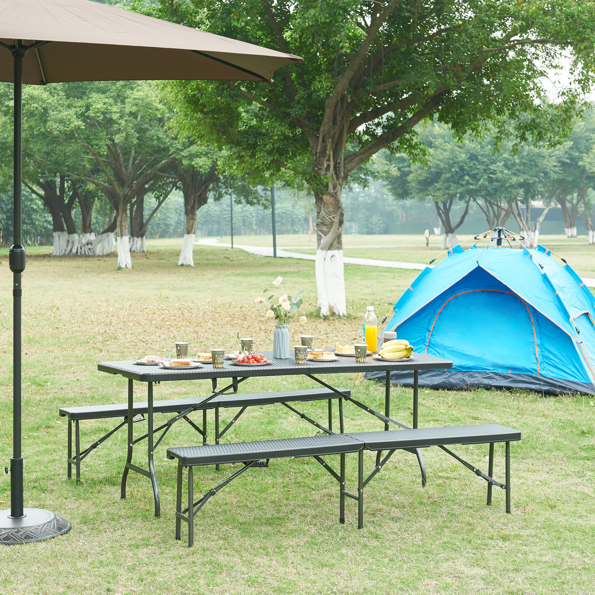 Tavolo da Picnic Mark Pieghevole 180 x 75 x 72 cm Nero Effetto Rattan [en.casa]