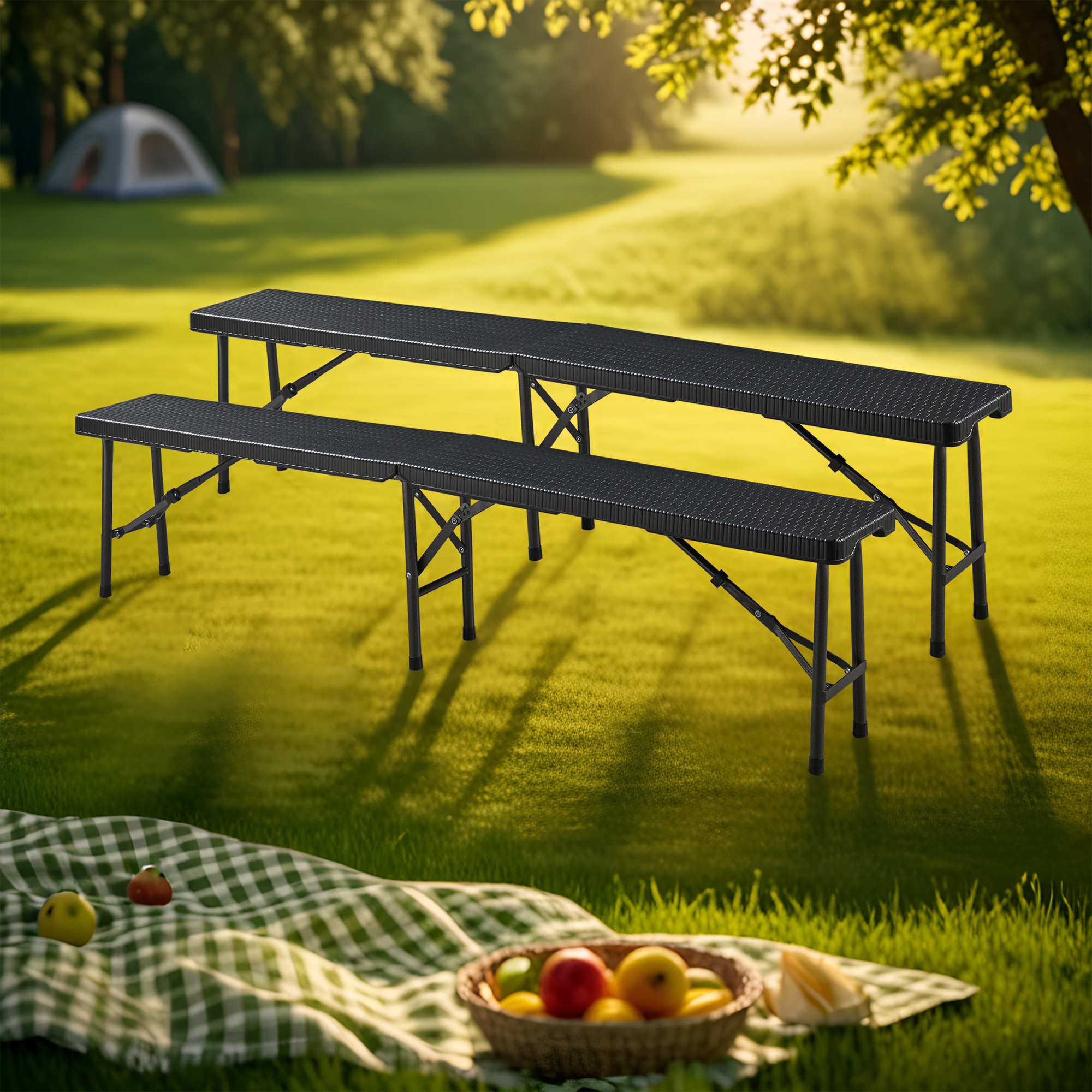 Set di 2 Panche Pieghevoli Mark 180 x 25 x 43 cm Nero Effetto Rattan [en.casa]