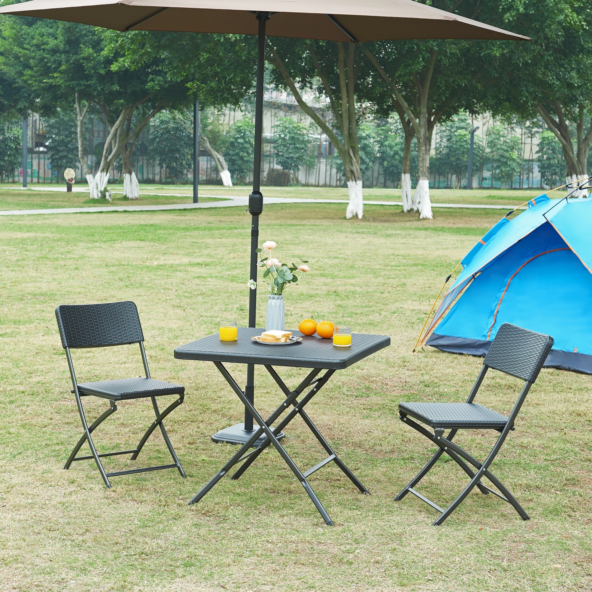 Tavolo da Picnic Mark Pieghevole 78 x 78 x 74 cm Nero Effetto Rattan [en.casa]