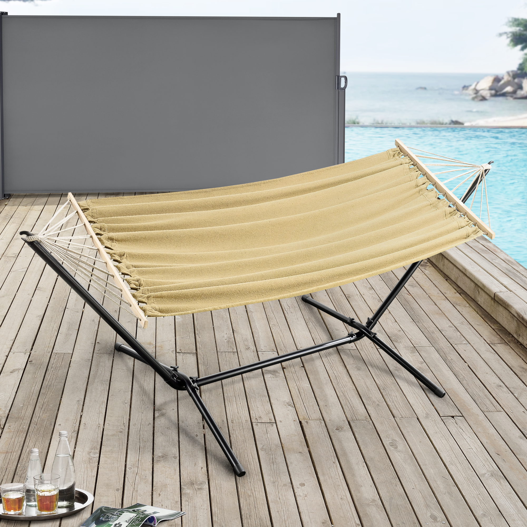 Image of Amaca con Supporto in Acciaio con Telo 200 x 100 cm - Beige [en.casa]