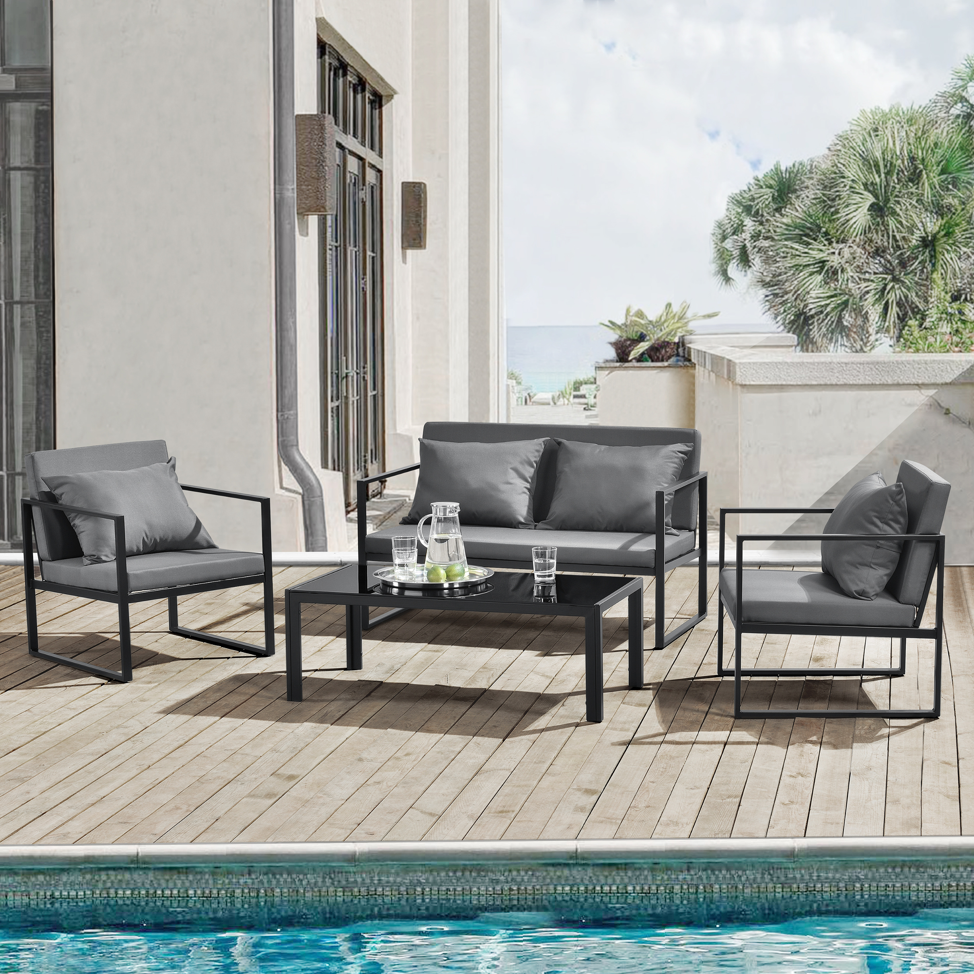 Set Salottino da Esterno Lerum Divano 2 Poltrone e Tavolo Basso Set Lounge - Nero casa.pro