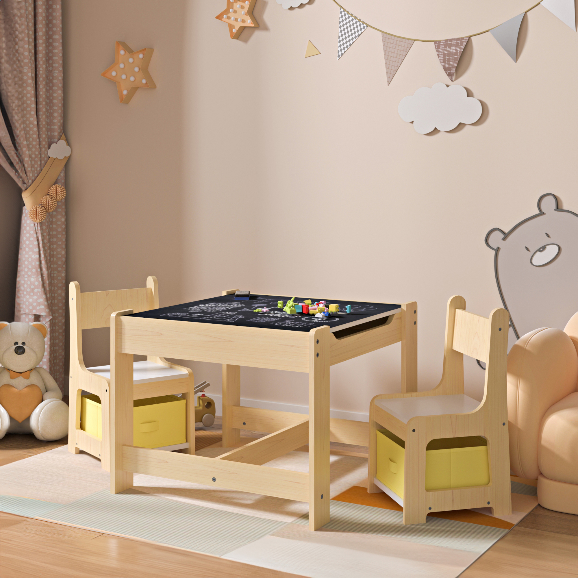 Set 'Irixoa' per Cameretta, Tavolo con Piano Rimovibile e 2 Sedie con Cassetti Contenitori [en.casa]