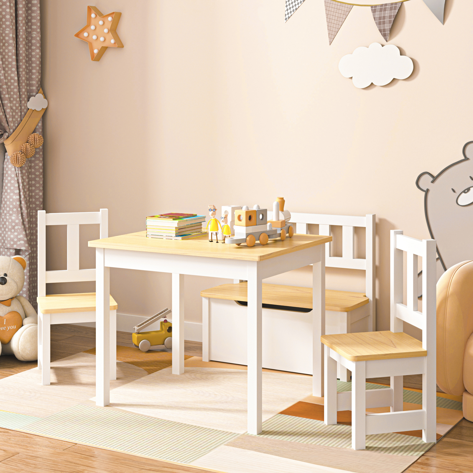 Set 'Lousame' Mobili per Cameretta Composto di 1 Tavolo, 2 Sedie e 1 Cassapanca - Bianco/Naturale [en.casa]
