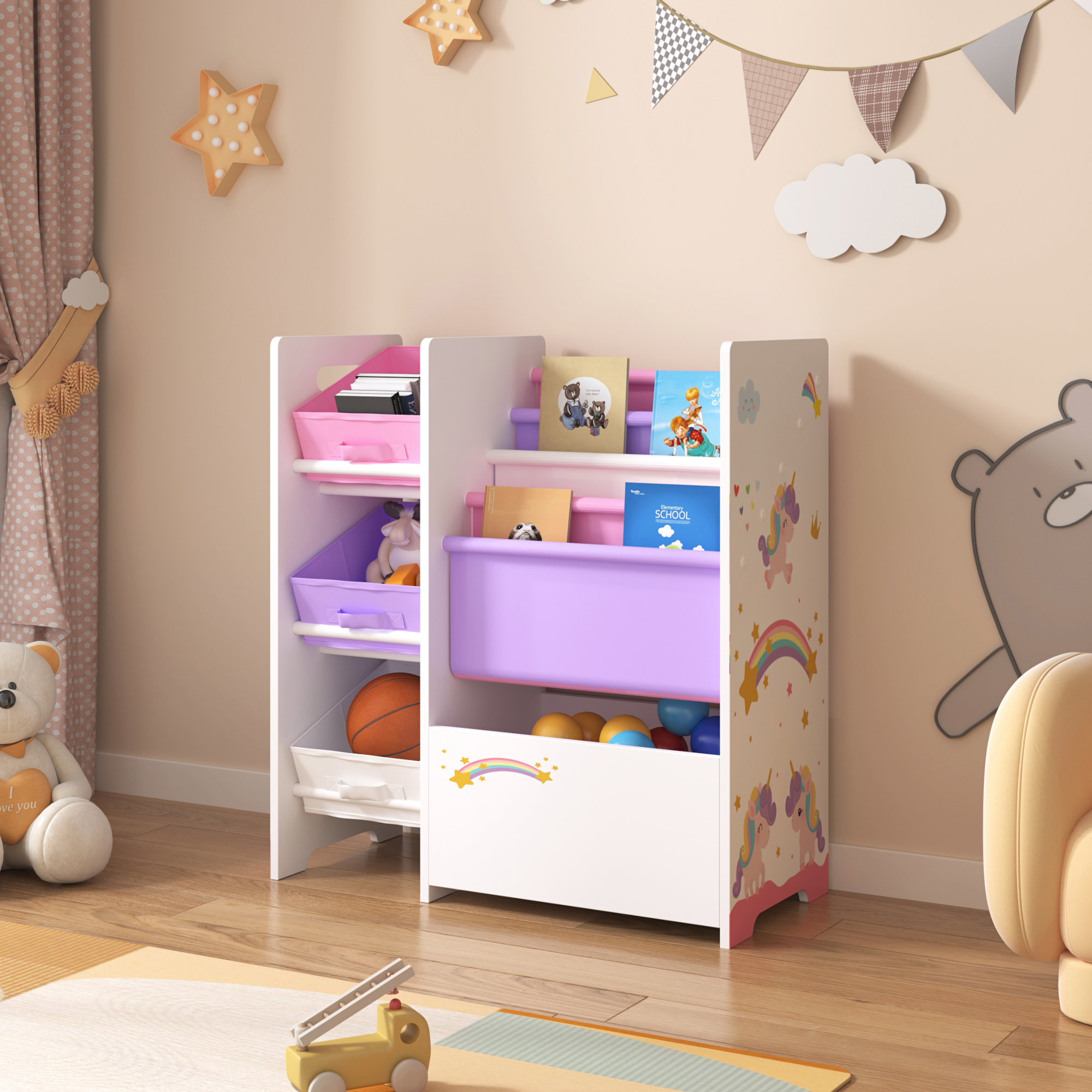Scaffale 'Vimianzo' per Cameretta con Cassetti Pieghevoli e Contenitori Libri - Decorazione Unicorno [en.casa]