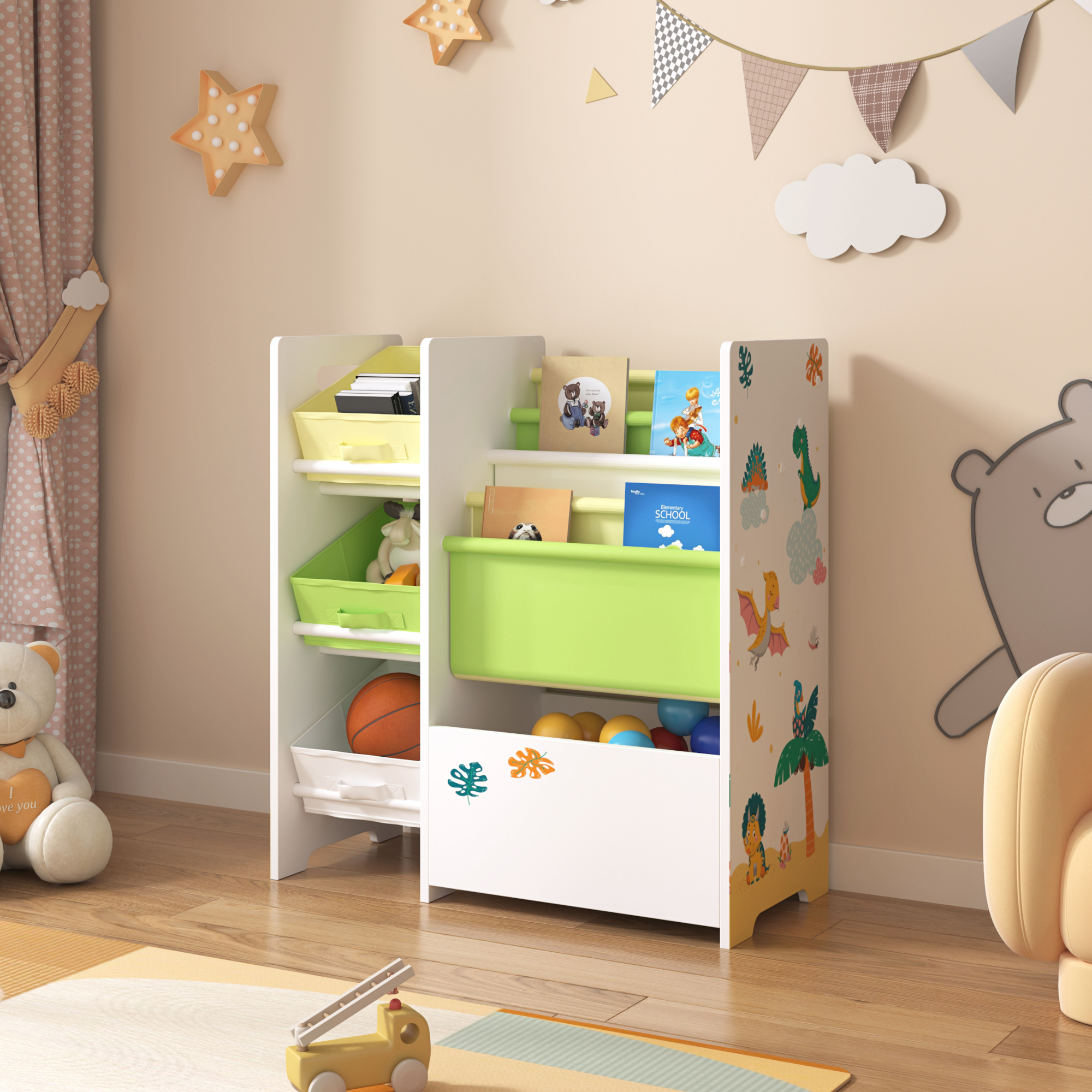 Scaffale 'Vimianzo' per Cameretta con Cassetti Pieghevoli e Contenitori Libri - Decorazione Dinosauro [en.casa]