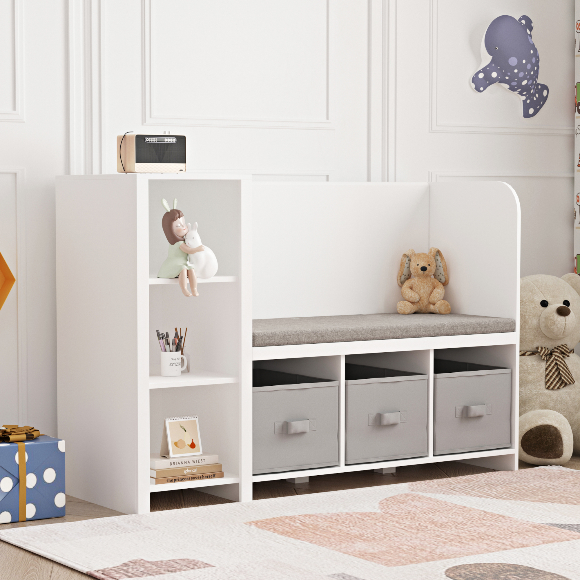Scaffale per Cameretta Høylandet con Panca Scomparti e Scatole 76 x 112 x 40 cm - Bianco / Grigio [en.casa]