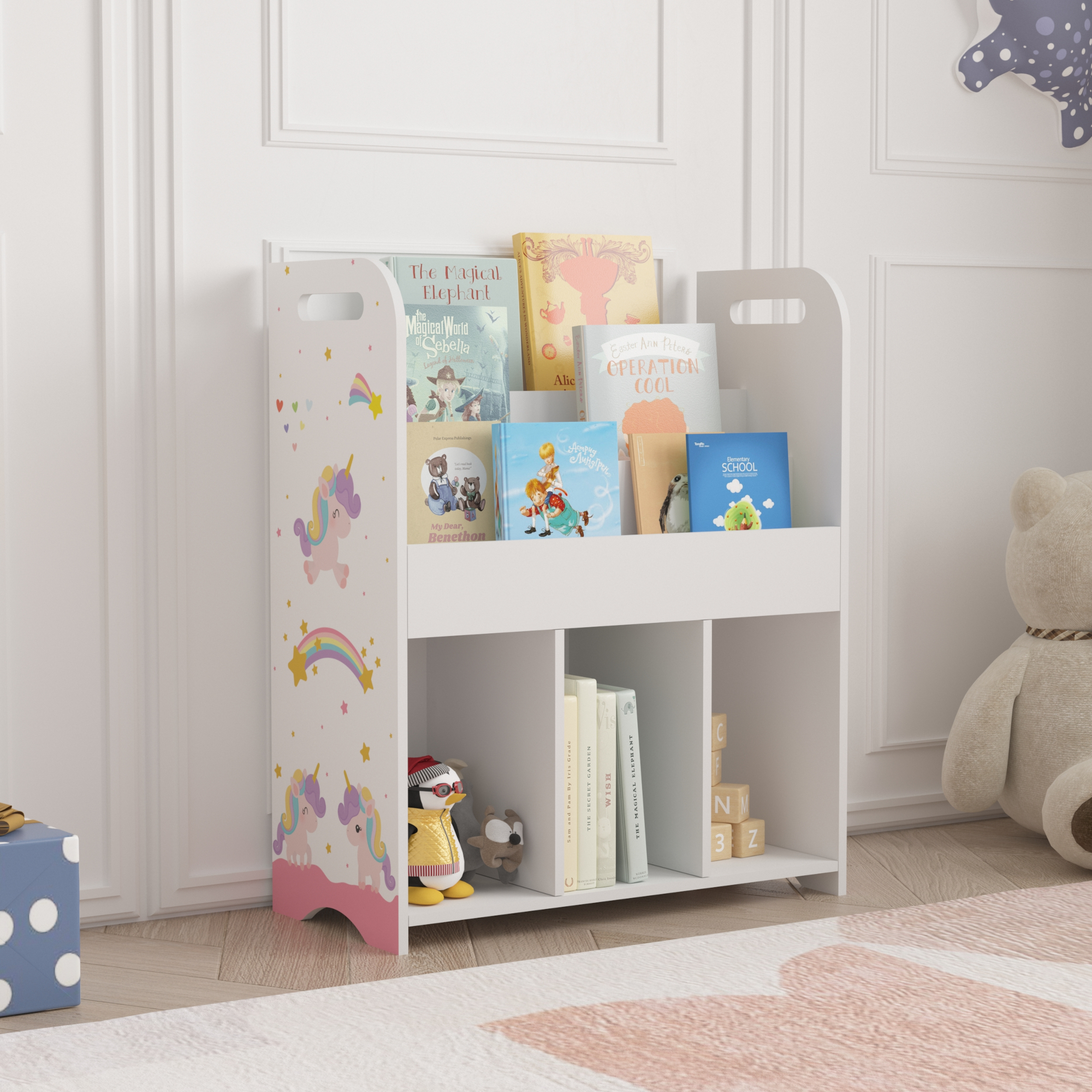 Scaffale per Cameretta Røyrvik Mobile per Libri Giochi 75x62x29 cm Unicorno [en.casa]