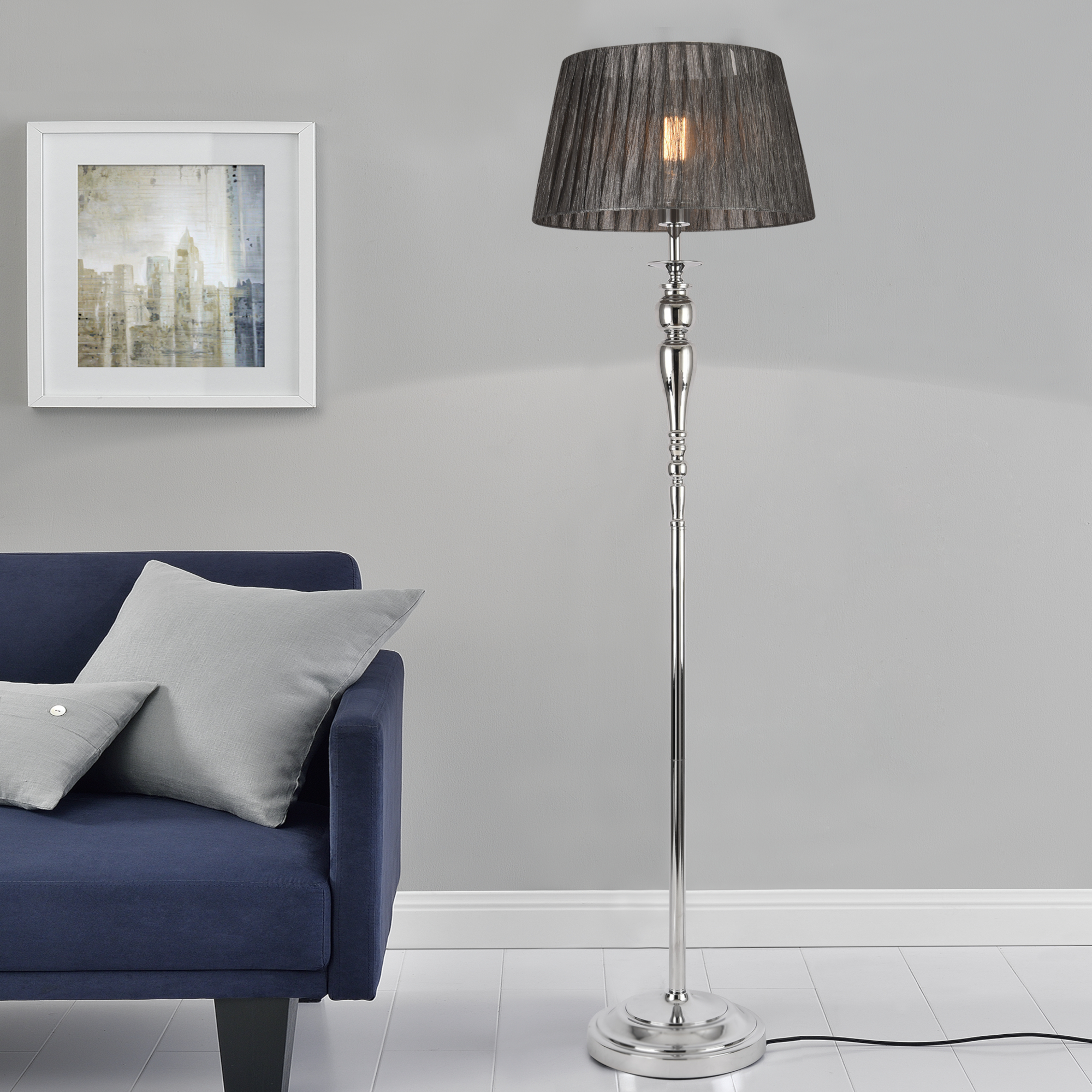Image of Lampada da Terra Alta 151 cm Piantana con Paralume Conico in Tessuto Grigio Ø40 cm Lampada a Stelo Decorativo in Metallo