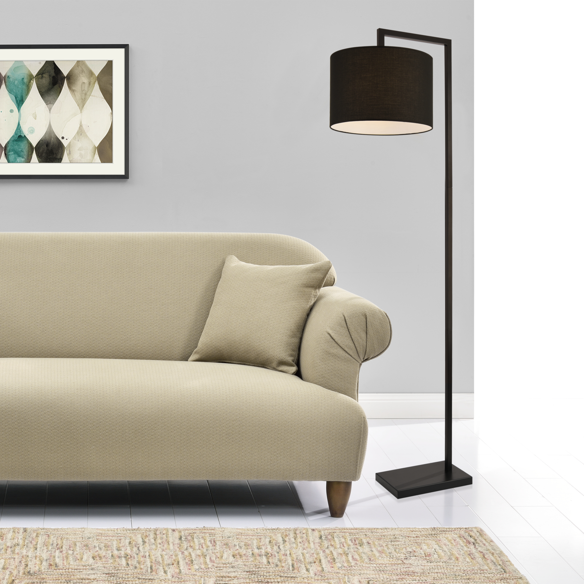 Image of Lampada da Terra Alta 161 cm Piantana con Paralume Sospeso Cilindrico in Tessuto E27 60W Lampada a Stelo Nero - lux.pro